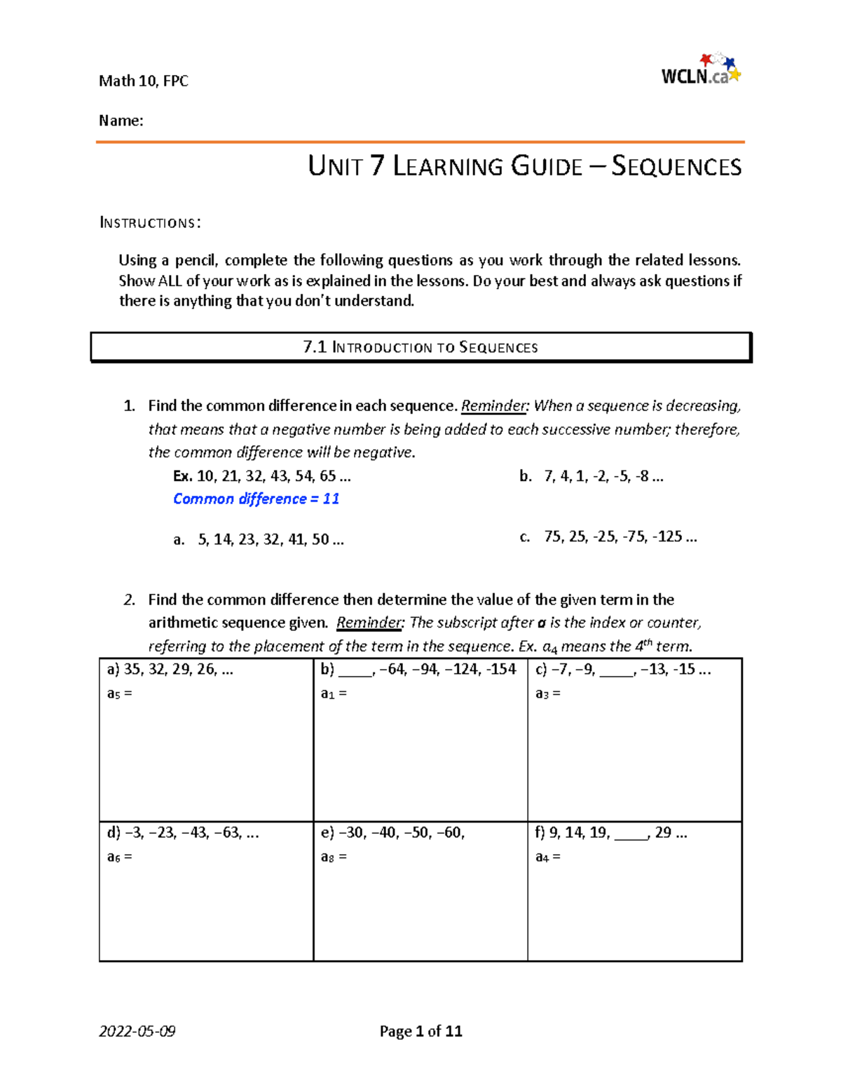 Math 10: Unit 7 Learning Guide on Sequences and Arithmetic Series - Studocu