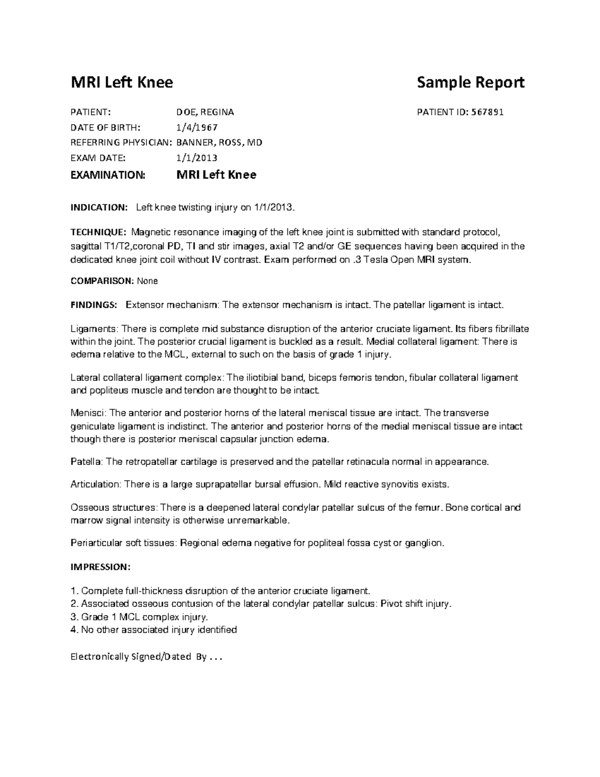 MRI Report of Left Knee Injury Evaluation - Studocu