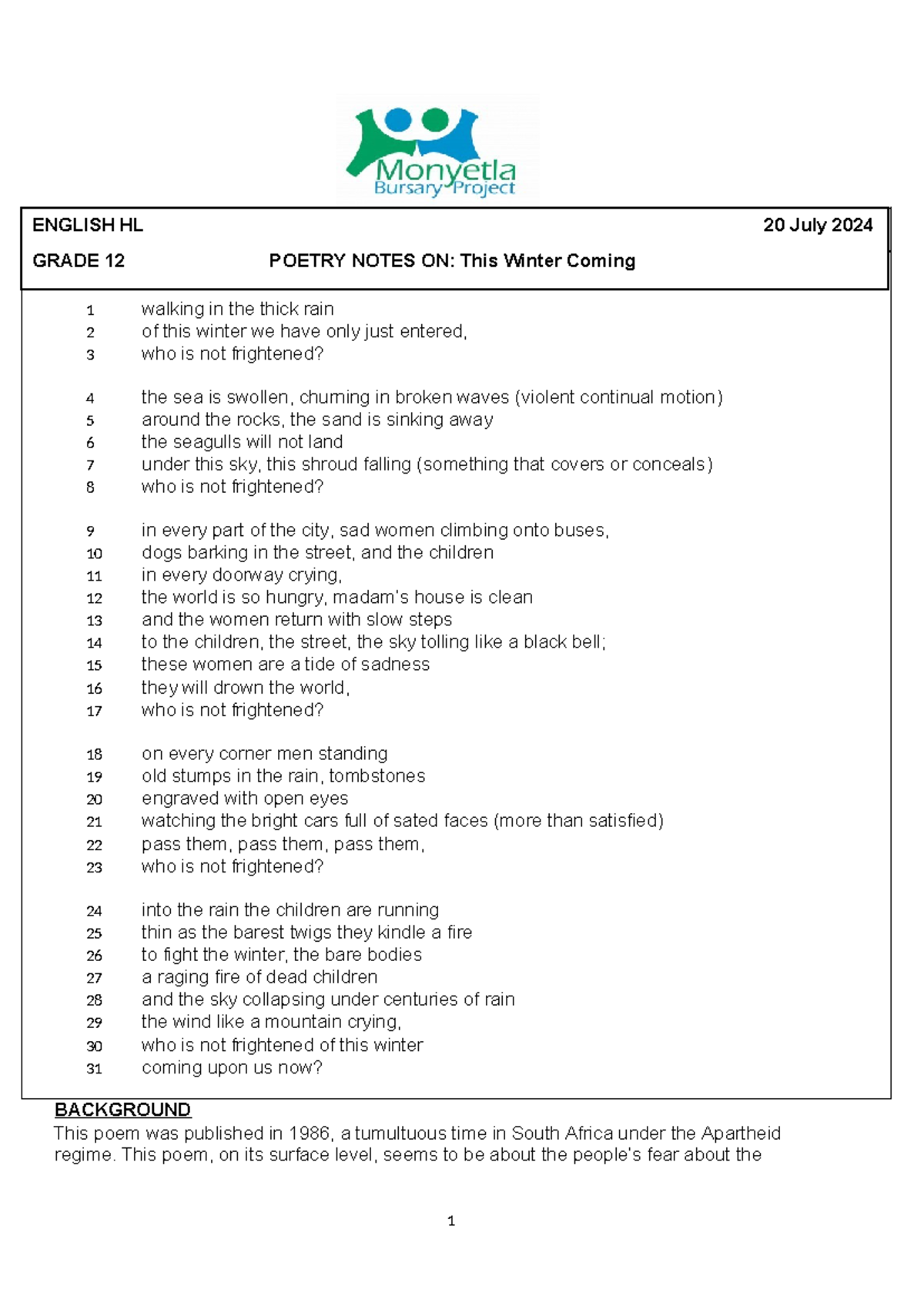 Grade 12 English HL: This Winter Coming Poetry Analysis Notes - Studocu