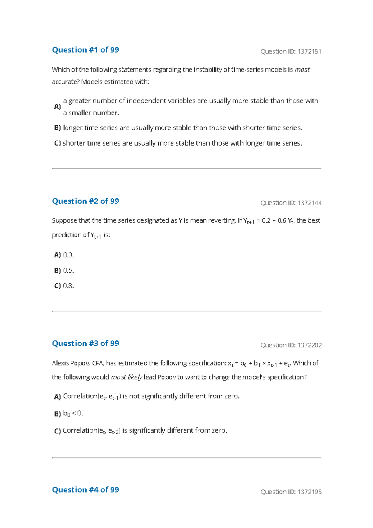Reading 3 Time-Series Analysis - Question #1 of 99 Question ID: 1372151 ...