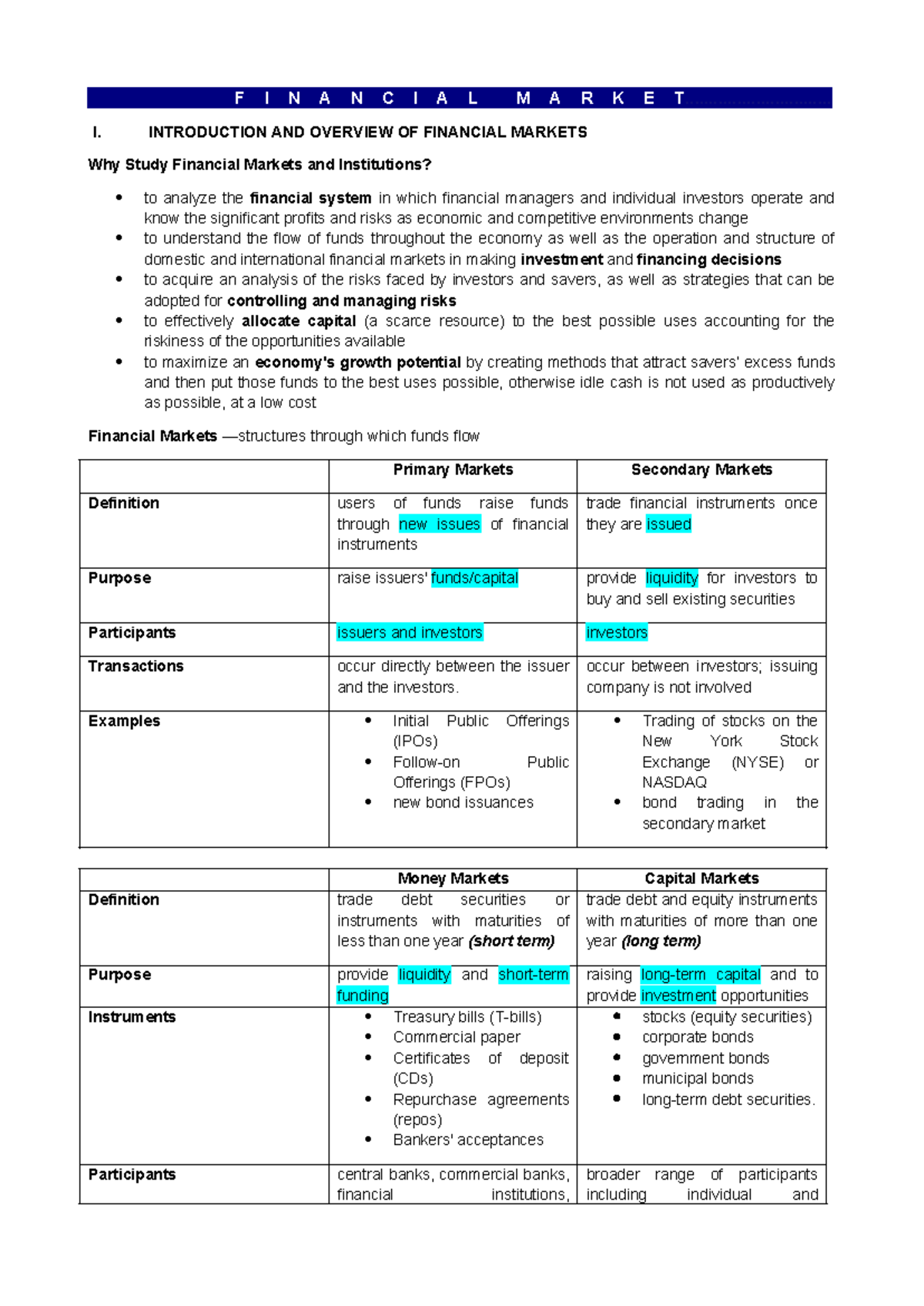Financial Markets Overview: Key Concepts and Analysis (FIN 101) - Studocu