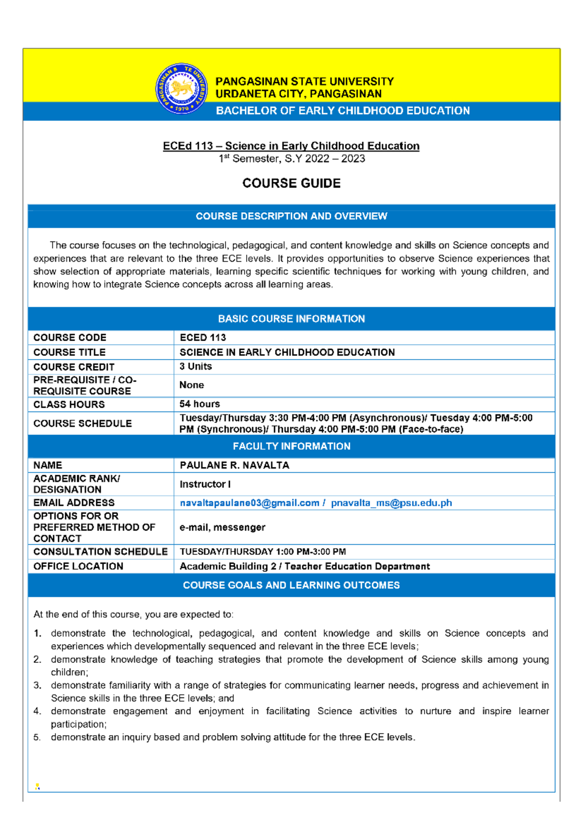 ECED 113 CG 3A - Comprehensive Course Guide for Science in ECE - Studocu