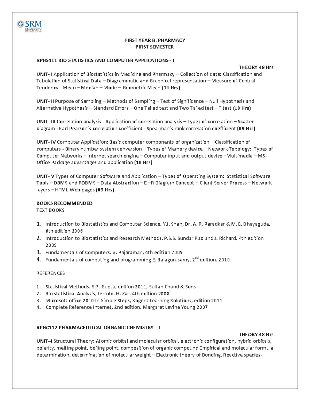 B. Pharm First Year Syllabus Overview: Semester 1 and 2 Topics - Studocu