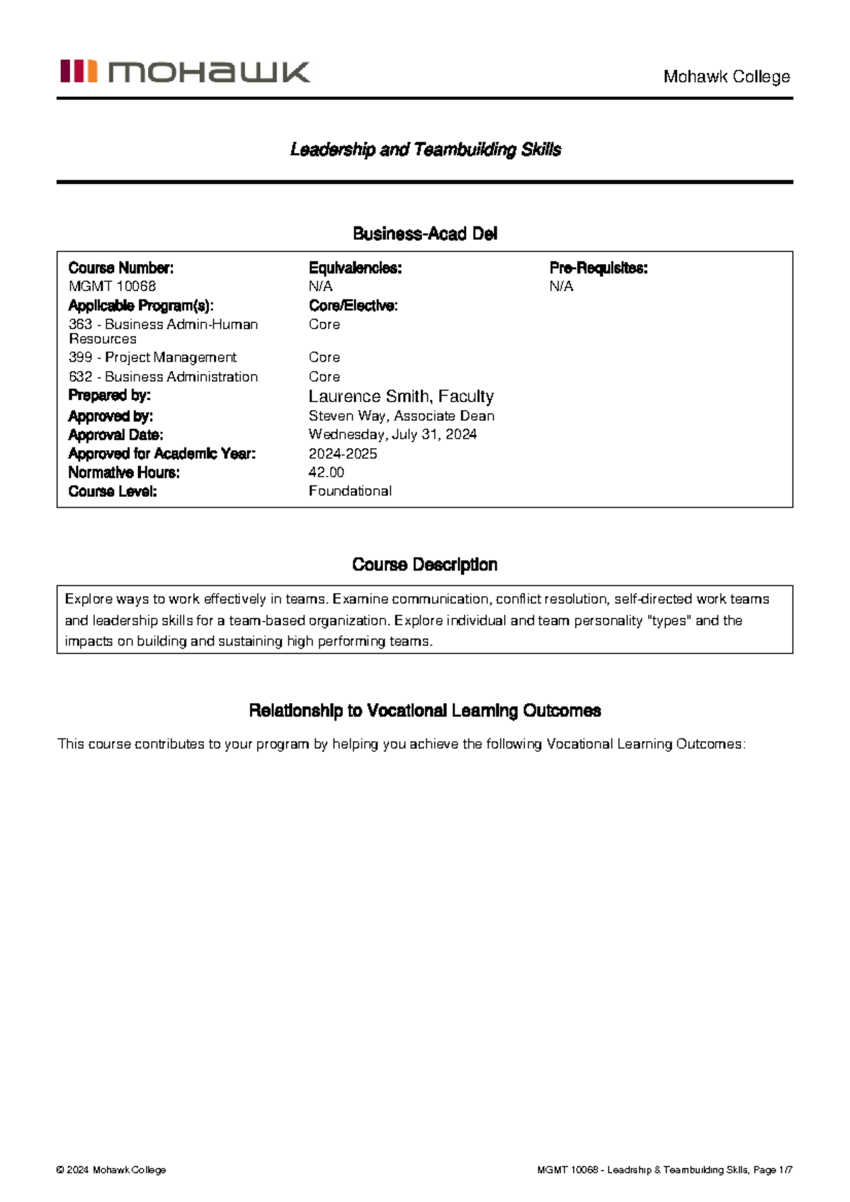 2024-2025 MGMT 10068 Leadership & Teambuilding Course Outline - Studocu