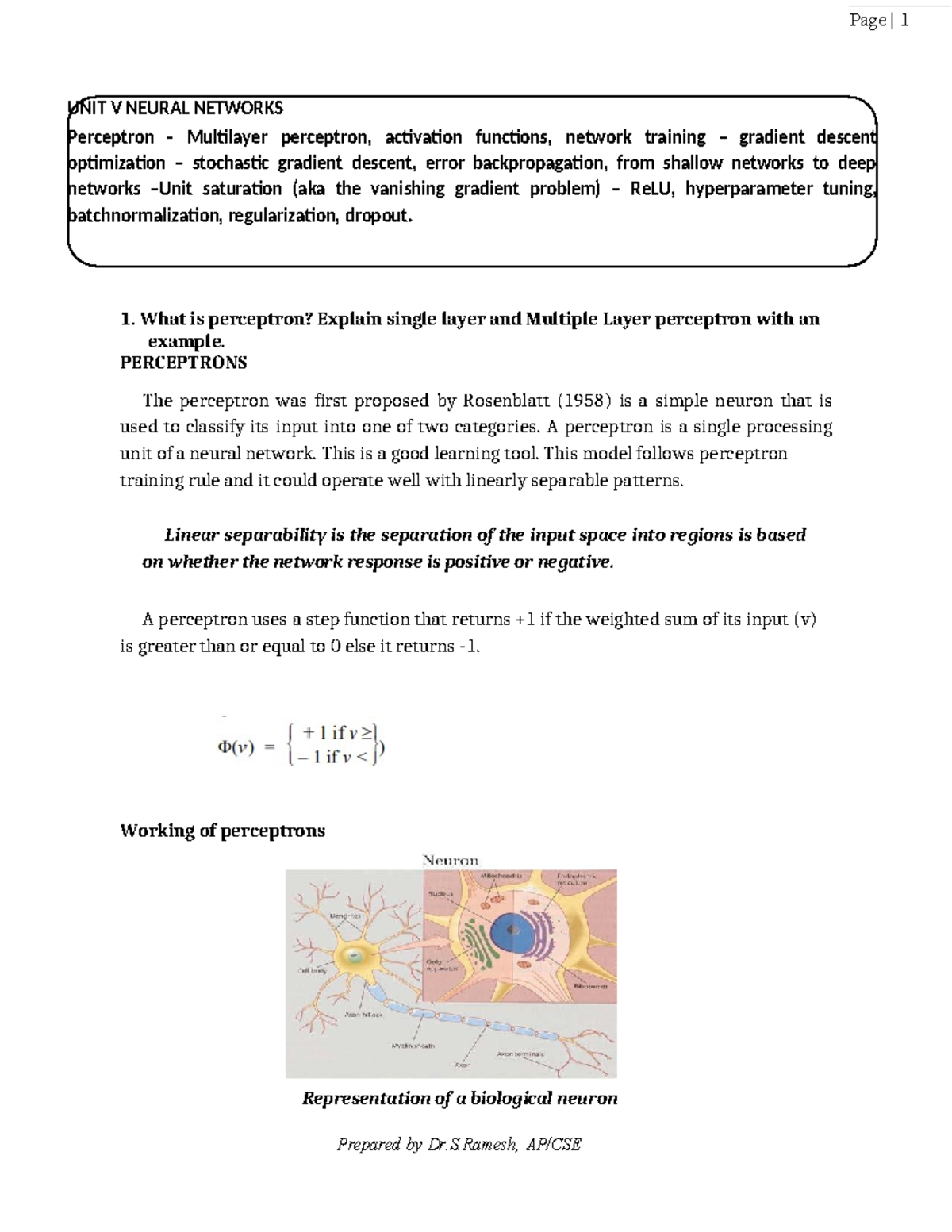 Unit 5: Perceptrons and Neural Networks - CS3491 AI & ML Concepts - Studocu
