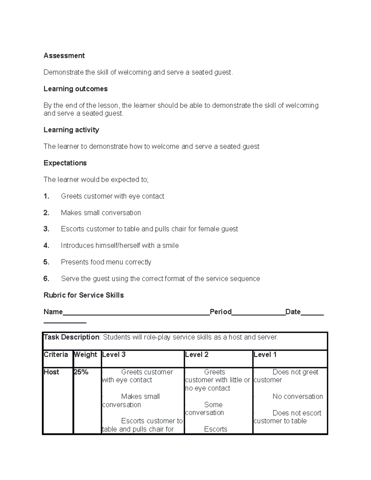 Food service rubric - Assessment Demonstrate the skill of welcoming and ...