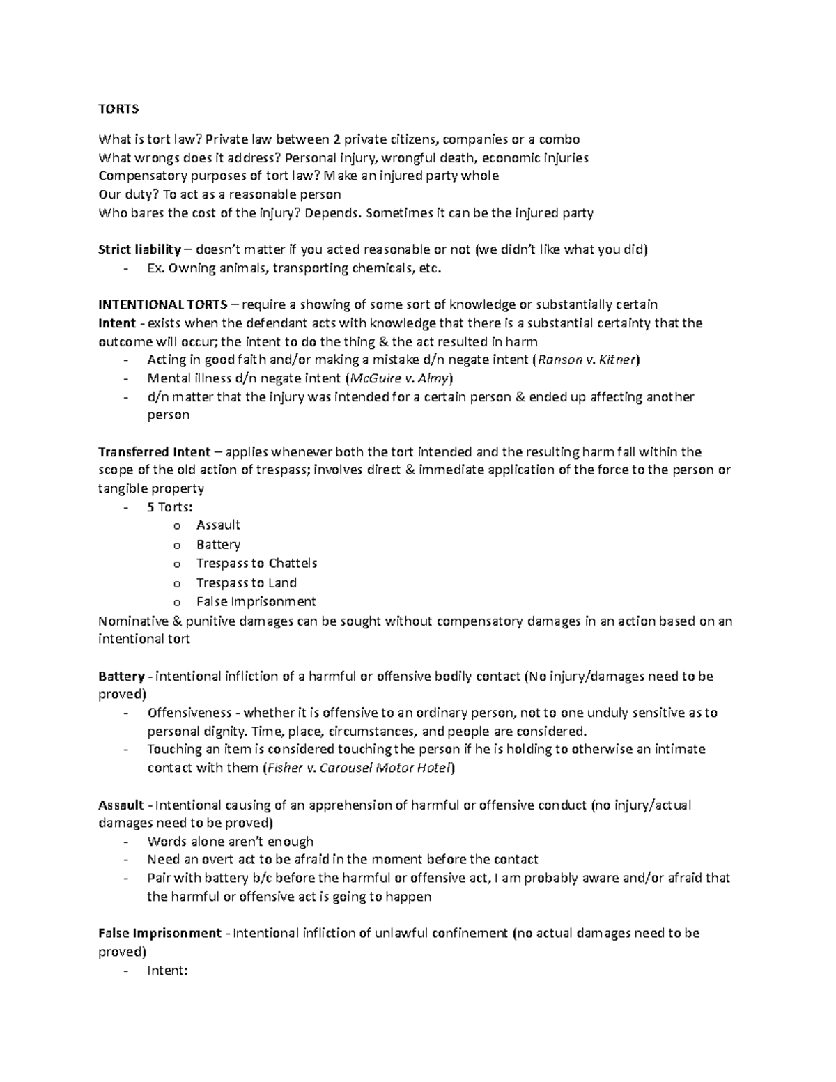 Torts Outline - Key Concepts and Legal Principles Review - Studocu