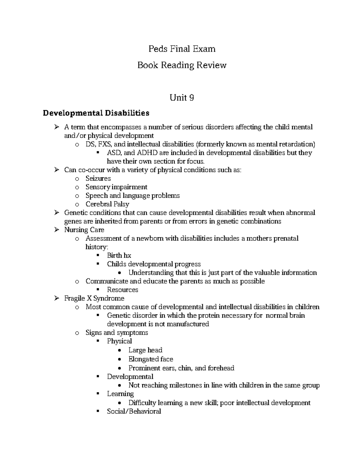PEDS 4 Final Exam Review: Unit 9 on Developmental Disabilities - Studocu