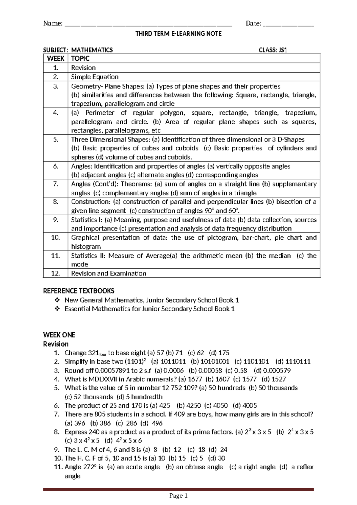 3RD TERM J1 MATHEMATICS REVISION NOTES - Studocu