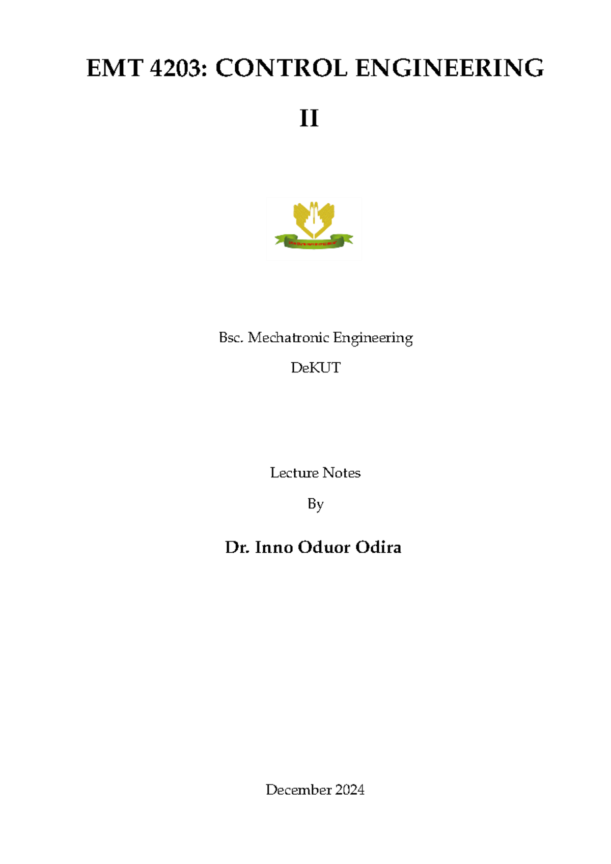EMT4203 Control II Lecture Notes - EMT 4203: CONTROL ENGINEERING II Bsc ...