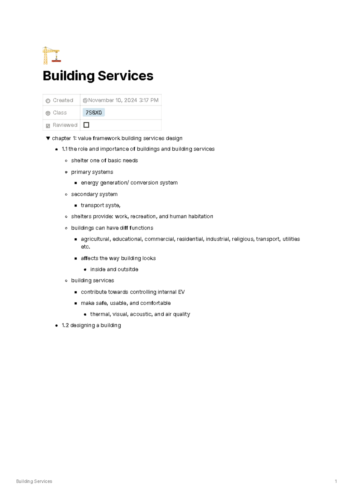 Building Services Design: Chapter 1 Overview (Class 7S8X) - Studeersnel