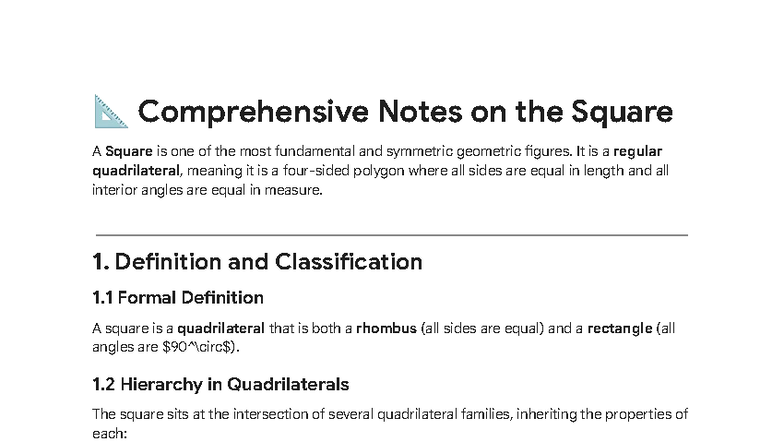 Comprehensive Notes on Square Geometry Concepts (MATH101) - Studocu