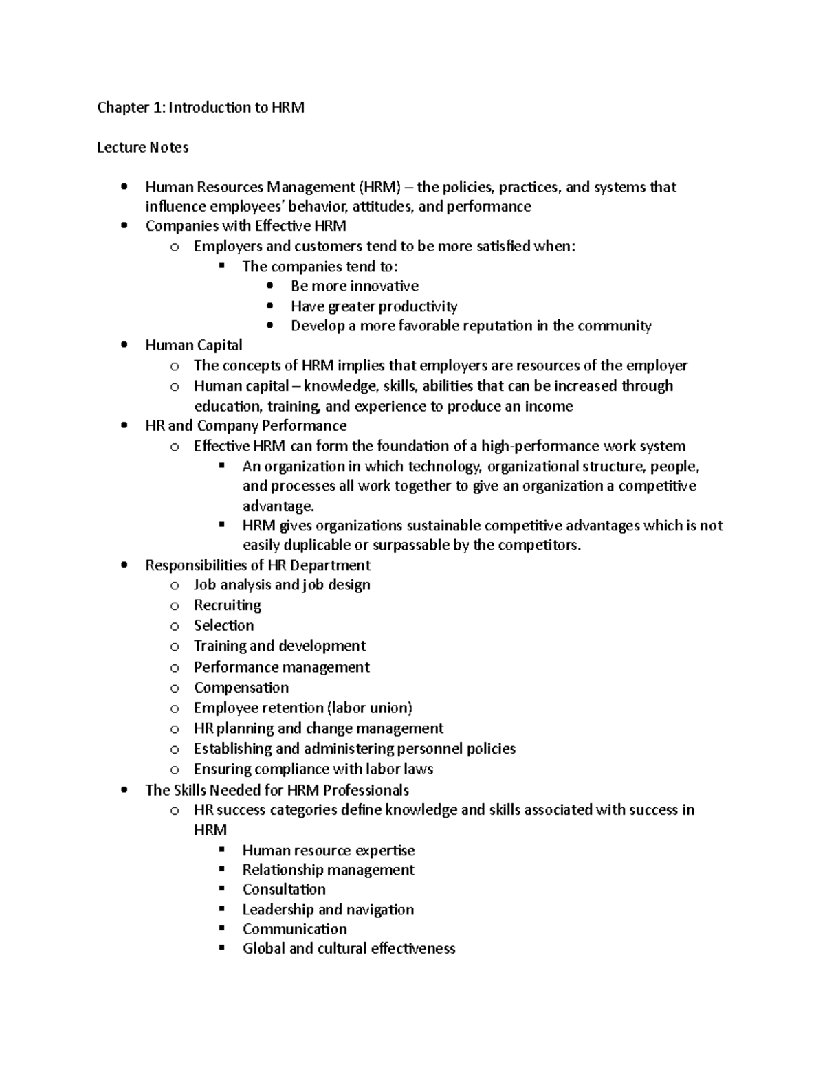 Chapter 1: Introduction to Human Resources Management (HRM) - Studocu
