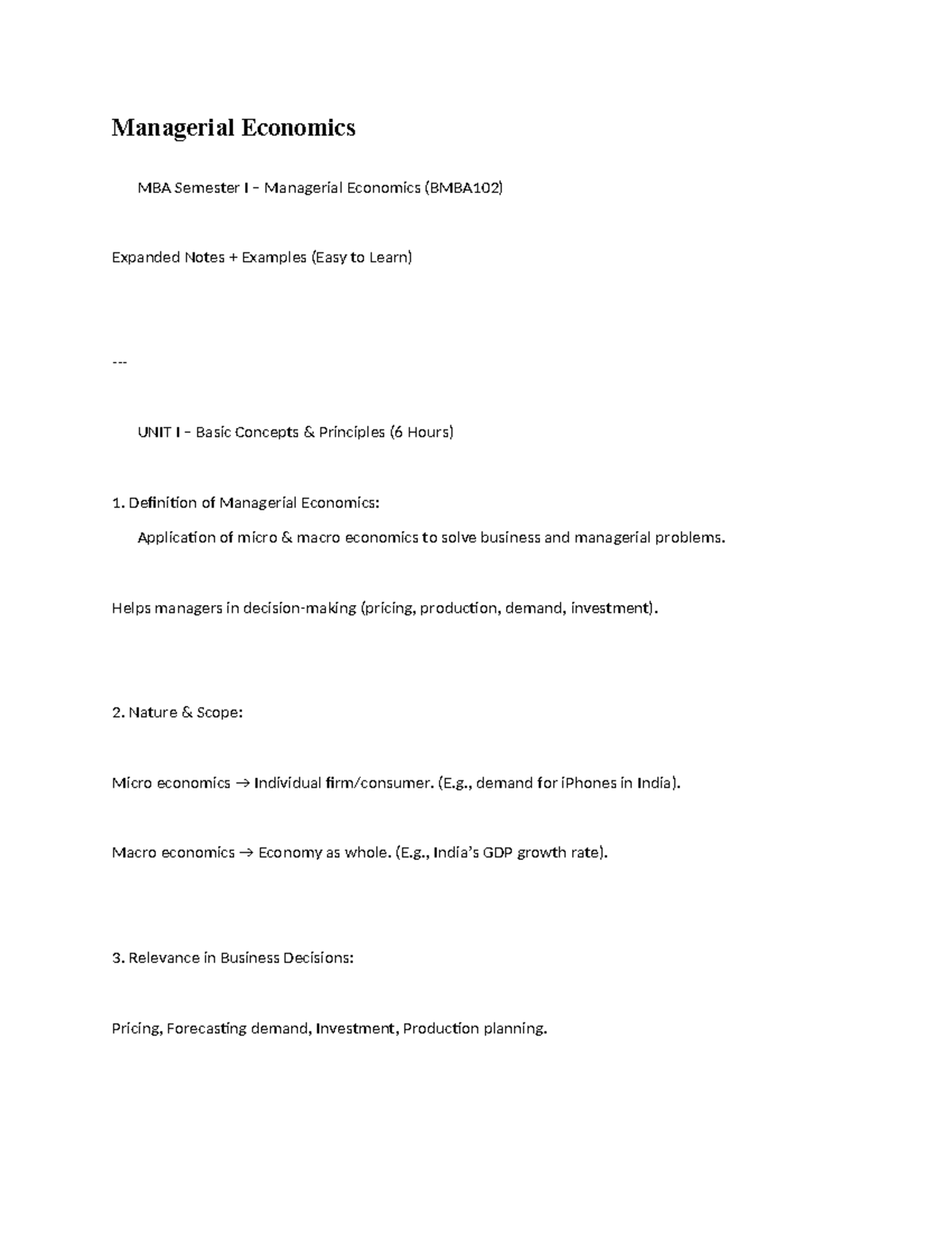 Managerial Economics (BMBA102) Expanded Notes: Key Concepts ...