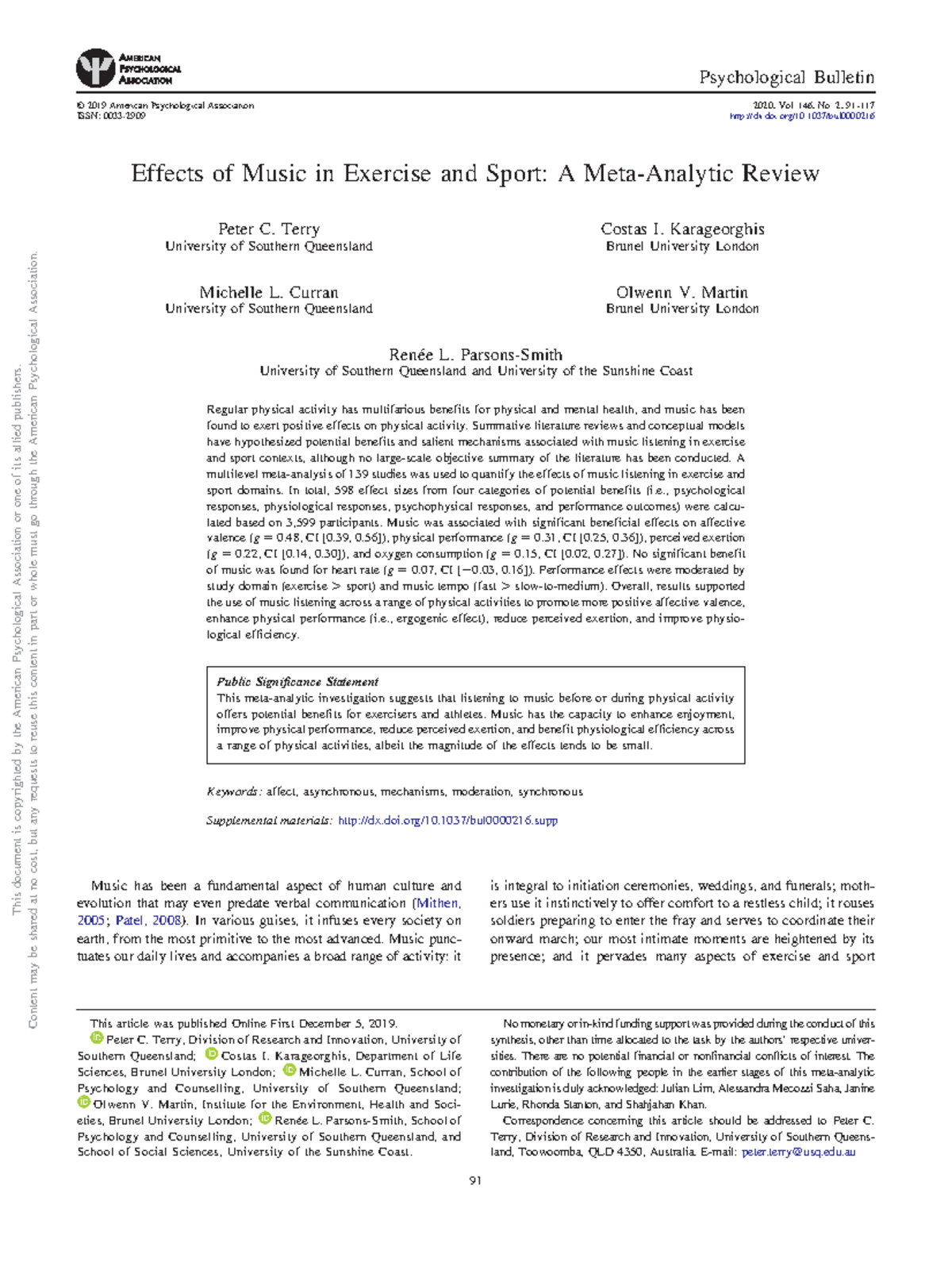 Effects of Music in Exercise & Sport: A META Analysis Review - Studocu