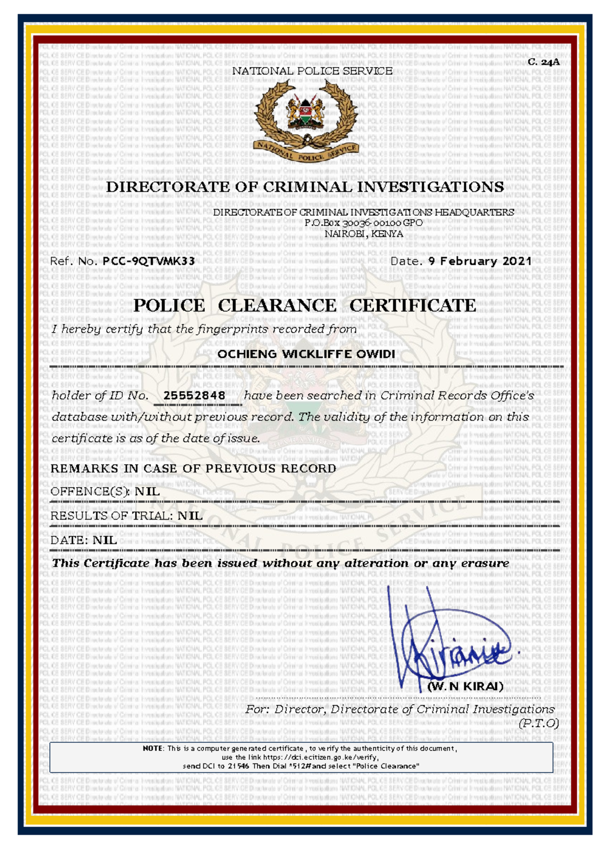 PCC-9 Qtvmk 33- Police Clearance Certificate P0 - NOTE: This is a ...