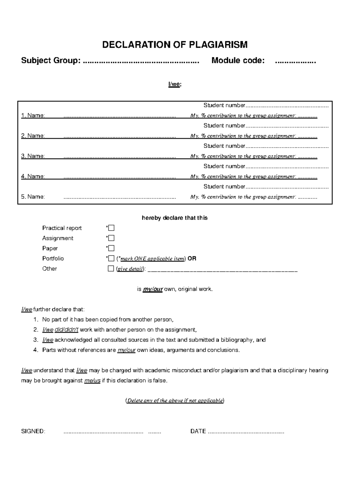 Plagiarism Declaration Form - Module Code: [Insert Code Here] - Studocu
