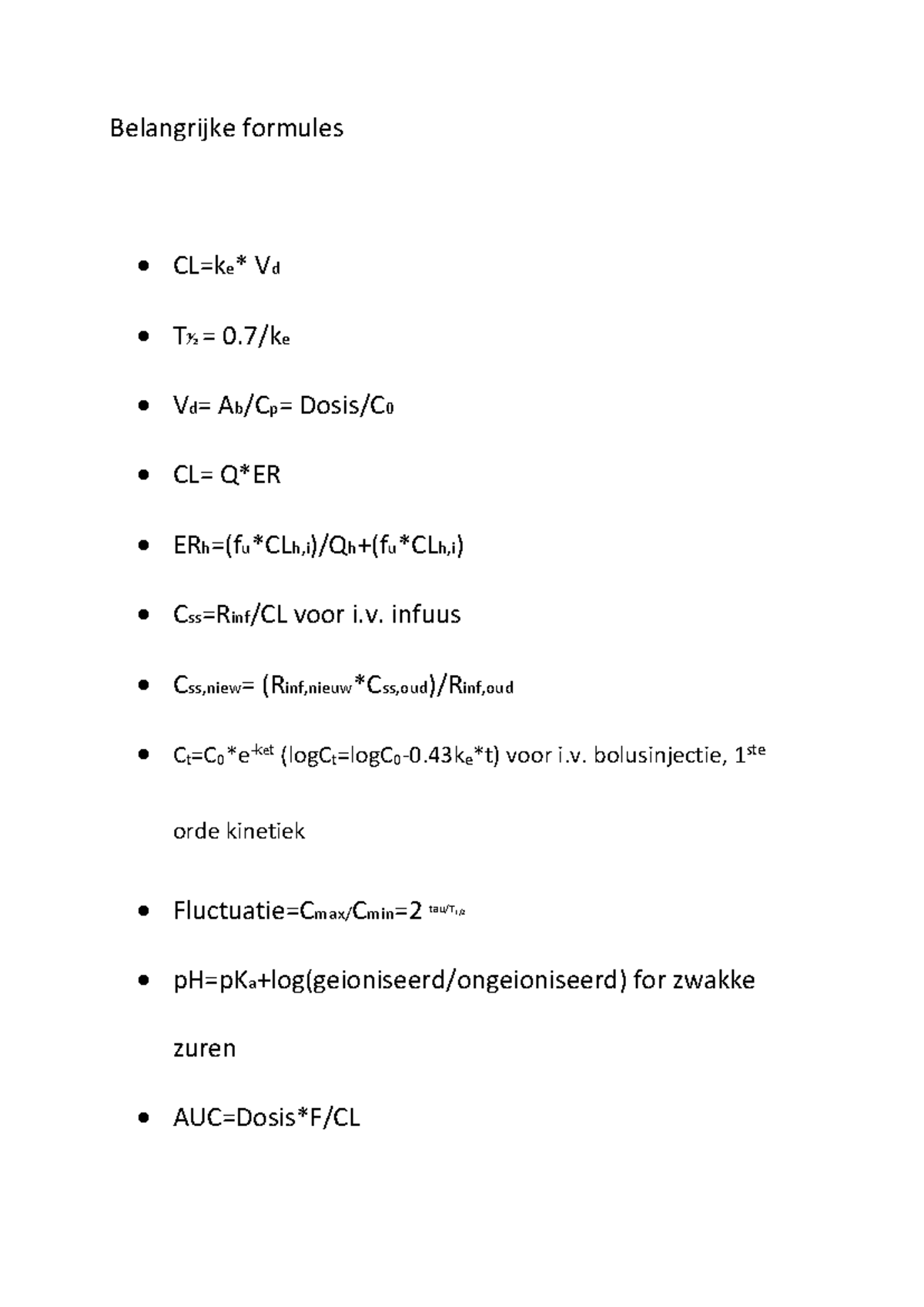 Formulelijst Farmcokinetiek 2020-2021 - Circulatie III - Belangrijke ...