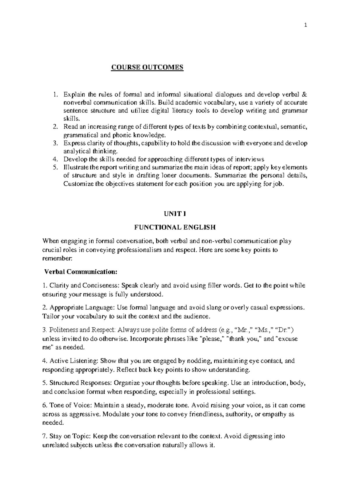 AECS 101: Functional English Course Outcomes and Communication Skills ...