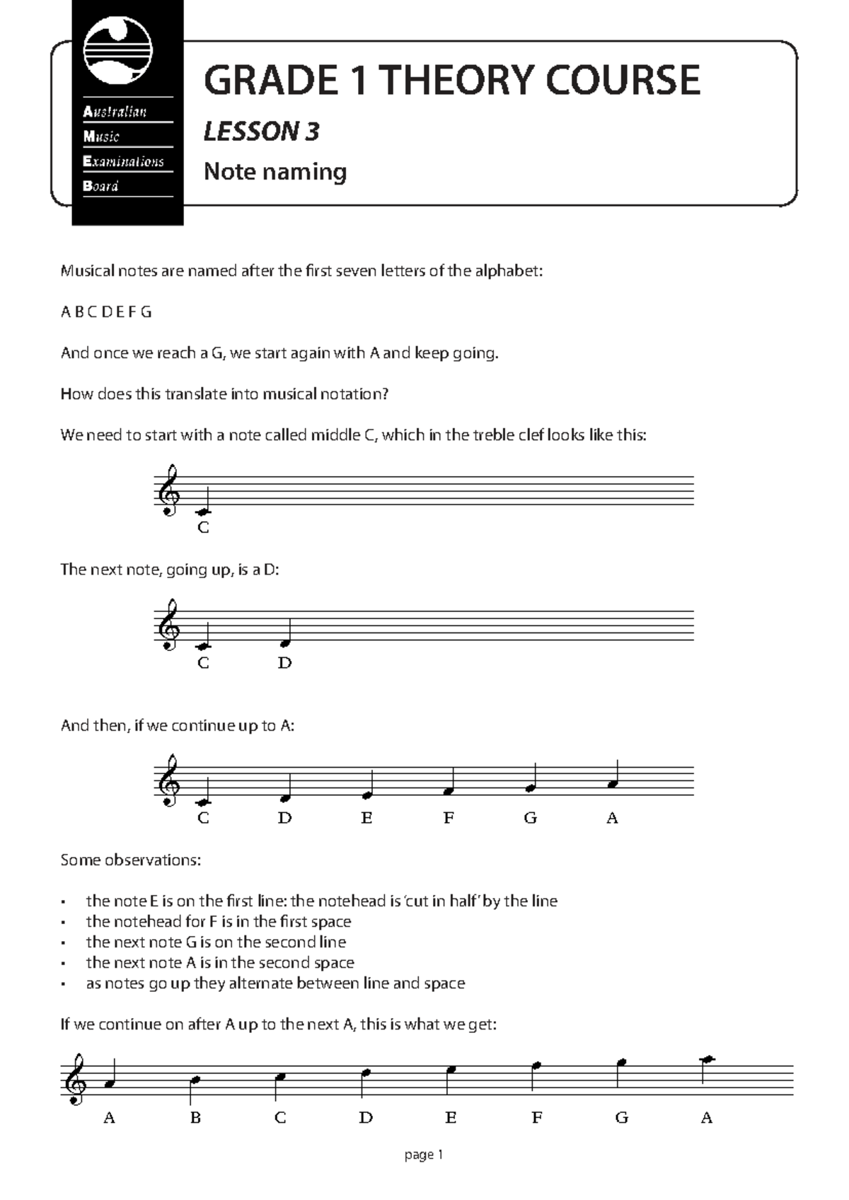 GRADE 1 THEORY COURSE: LESSON 3 - Note Naming in Music - Studocu