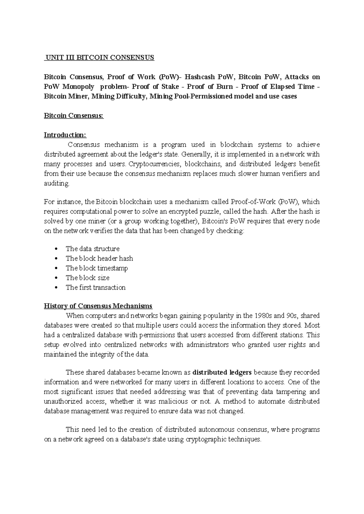 UNIT III Notes - Bitcoin Consensus Mechanisms and Mining Techniques ...