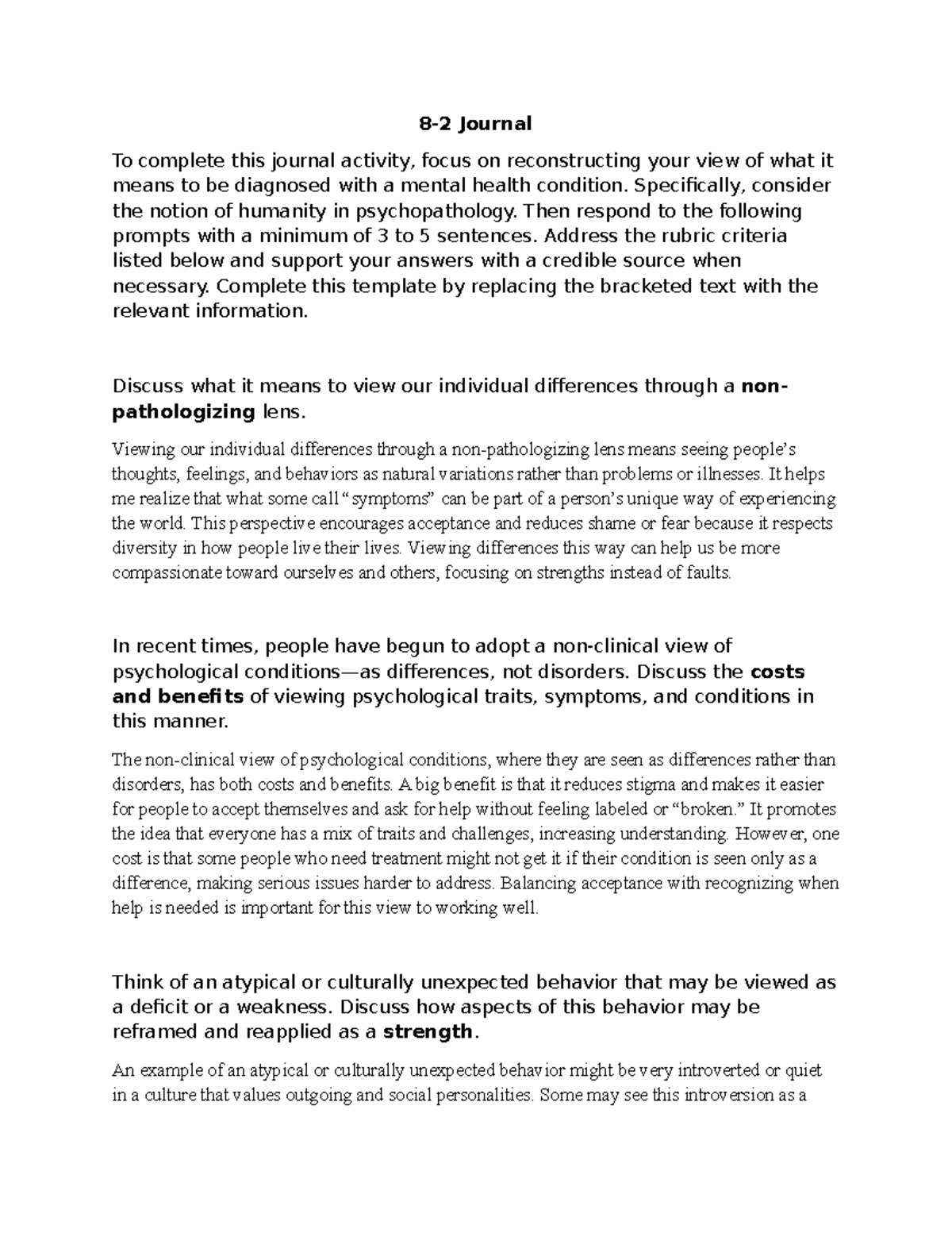 8-2 Journal: Reframing Mental Health Perspectives and Humanity - Studocu