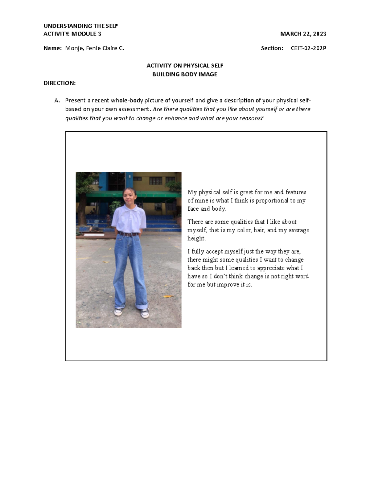 Understanding the Self: Activity Module 3 - Body Image Reflection - Studocu