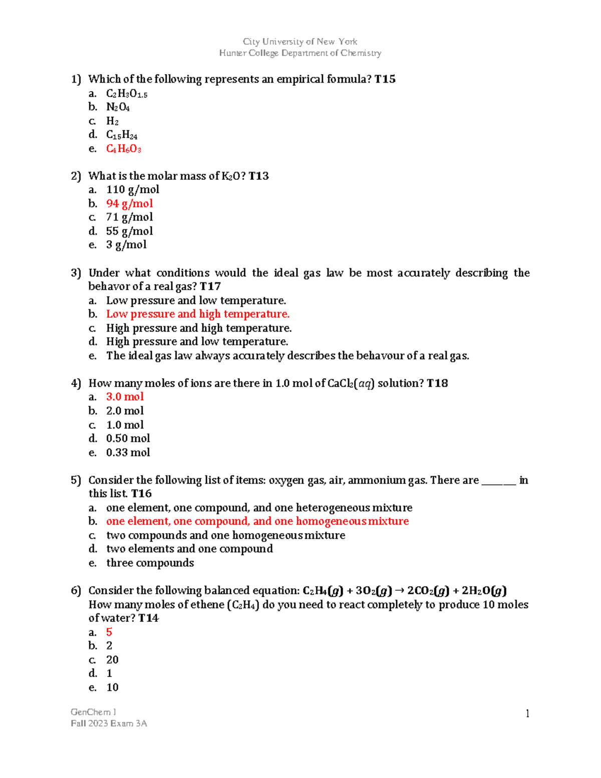 GenChem I Fall 2023 Exam 3 Key - Solutions and Answers - Studocu