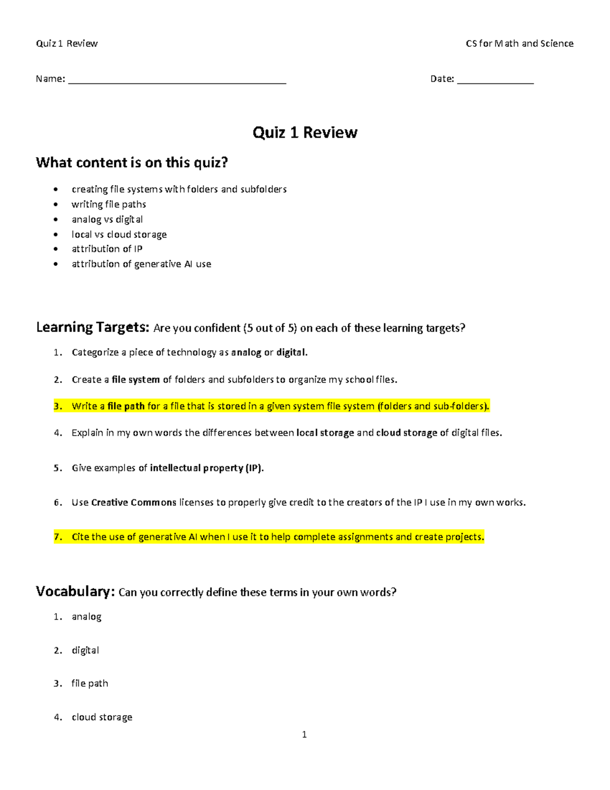 Quiz 1 Review: CS for Math and Science Concepts & Misconceptions - Studocu