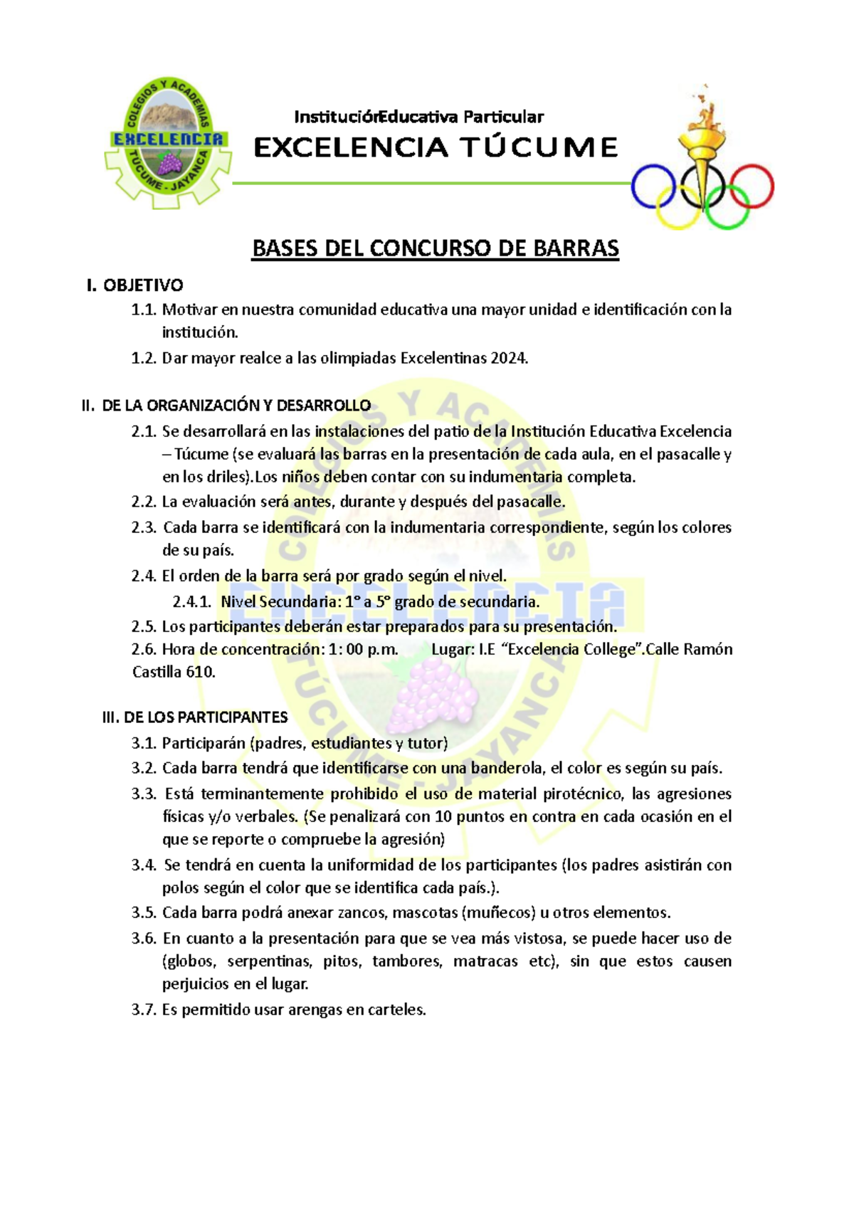 Bases del Concurso de Barras para las Olimpiadas Excelentinas 2024 - Document Preview