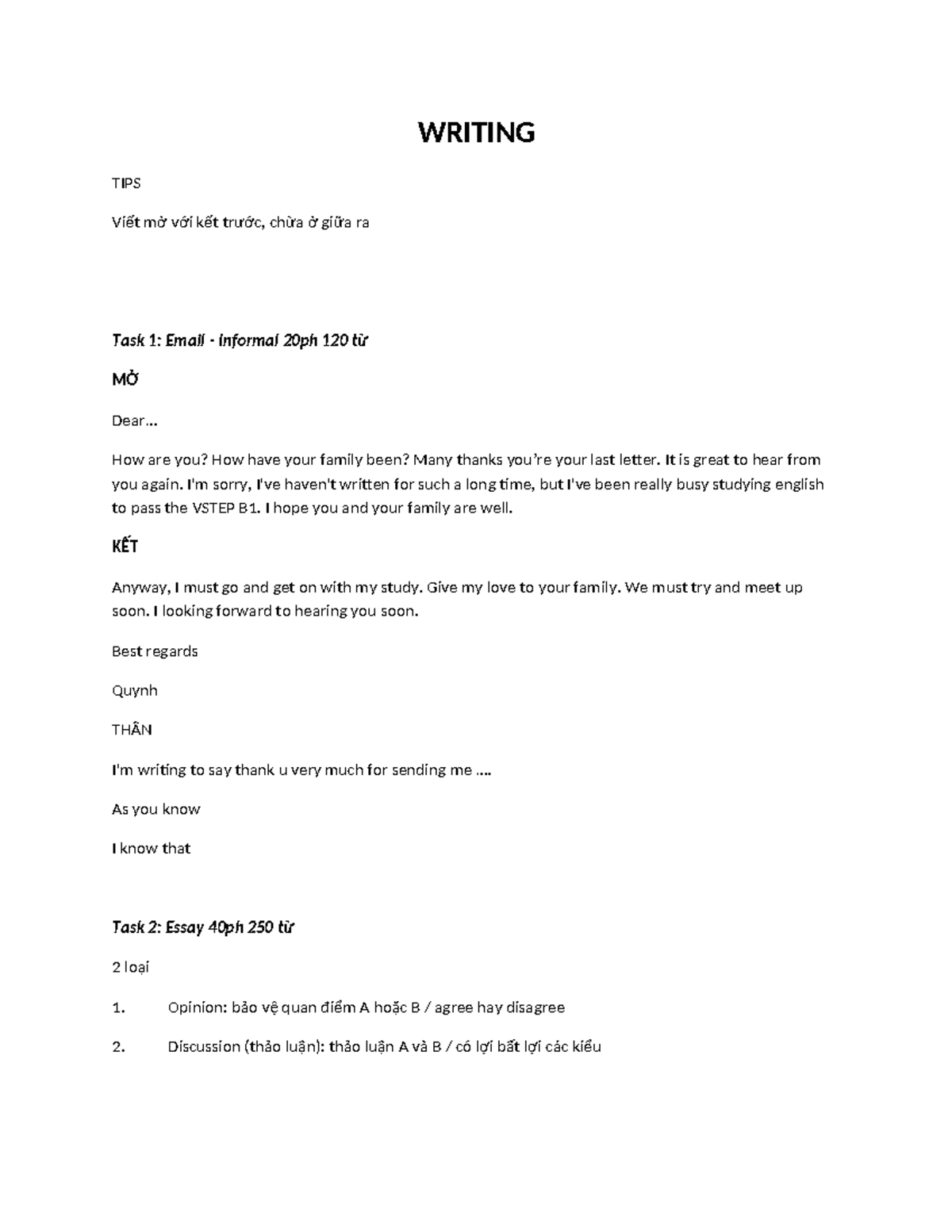 VSTEP B1 Writing Tips: Informal Email & Essay Structure - Studocu