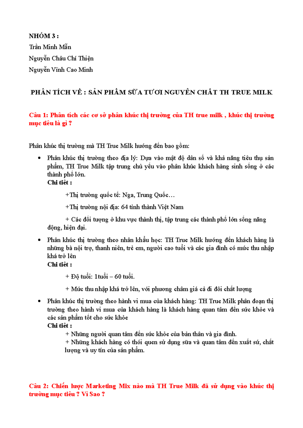 Phân Tích Chiến Lược Marketing TH True Milk - Nhóm 3 - Studocu