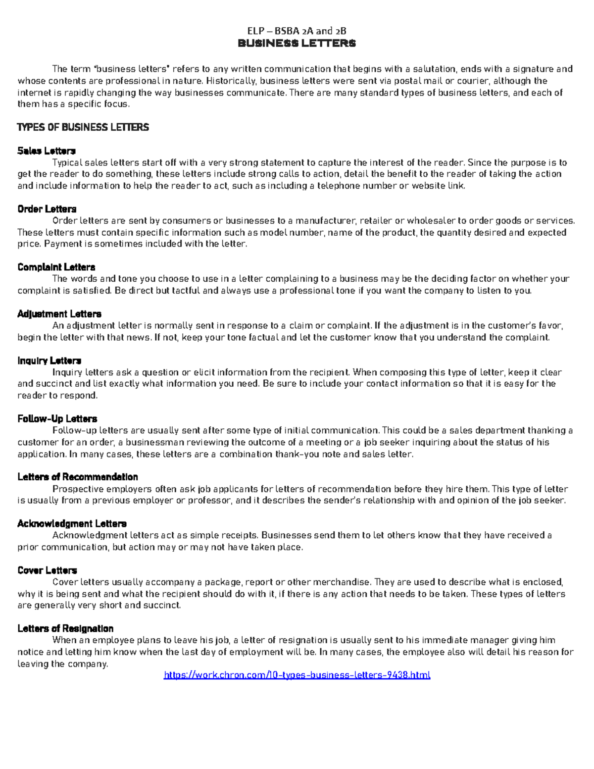 ELP - Business Letter Types for BSBA 2A and 2B Students - Studocu