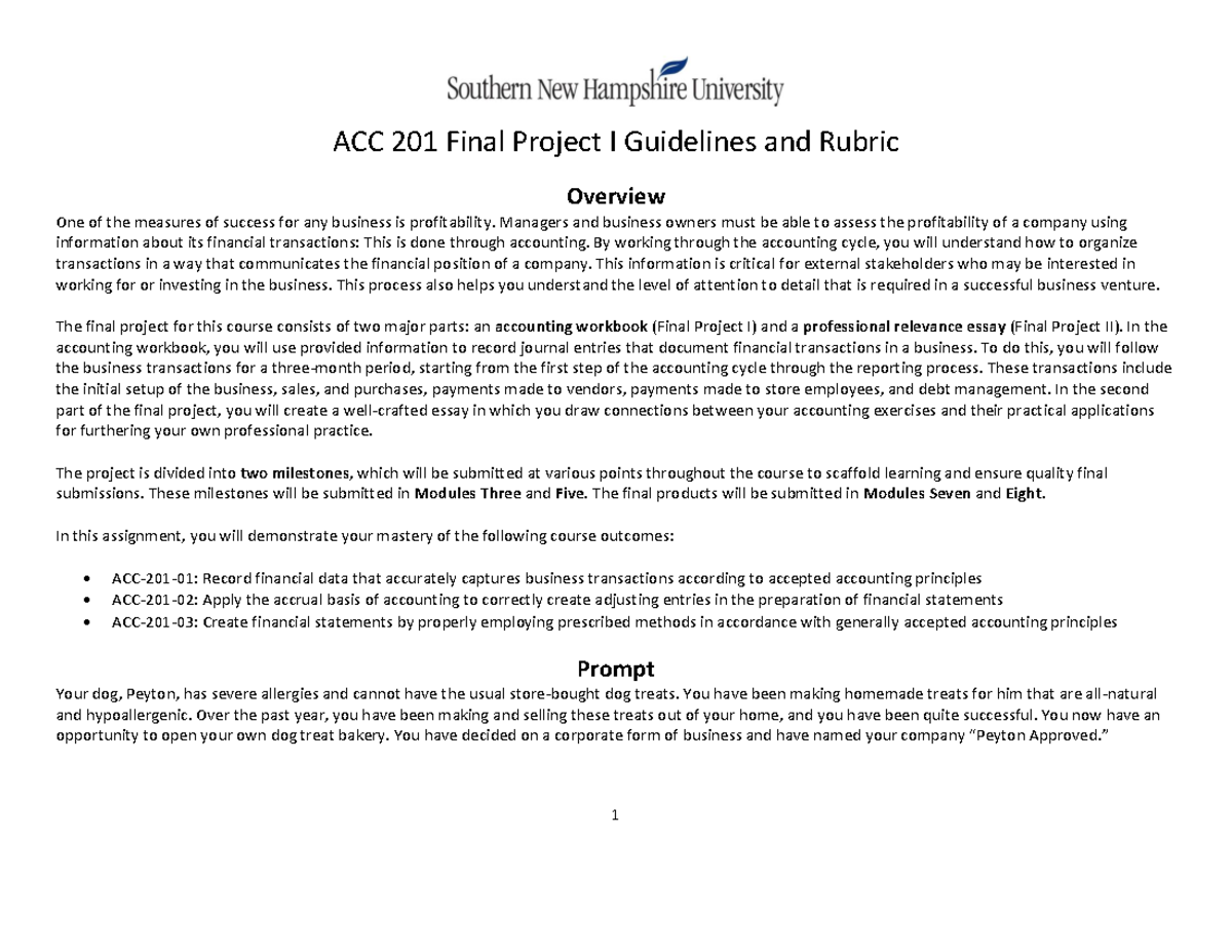 ACC 201 Final Project I: Guidelines for Accounting Workbook & Essay ...