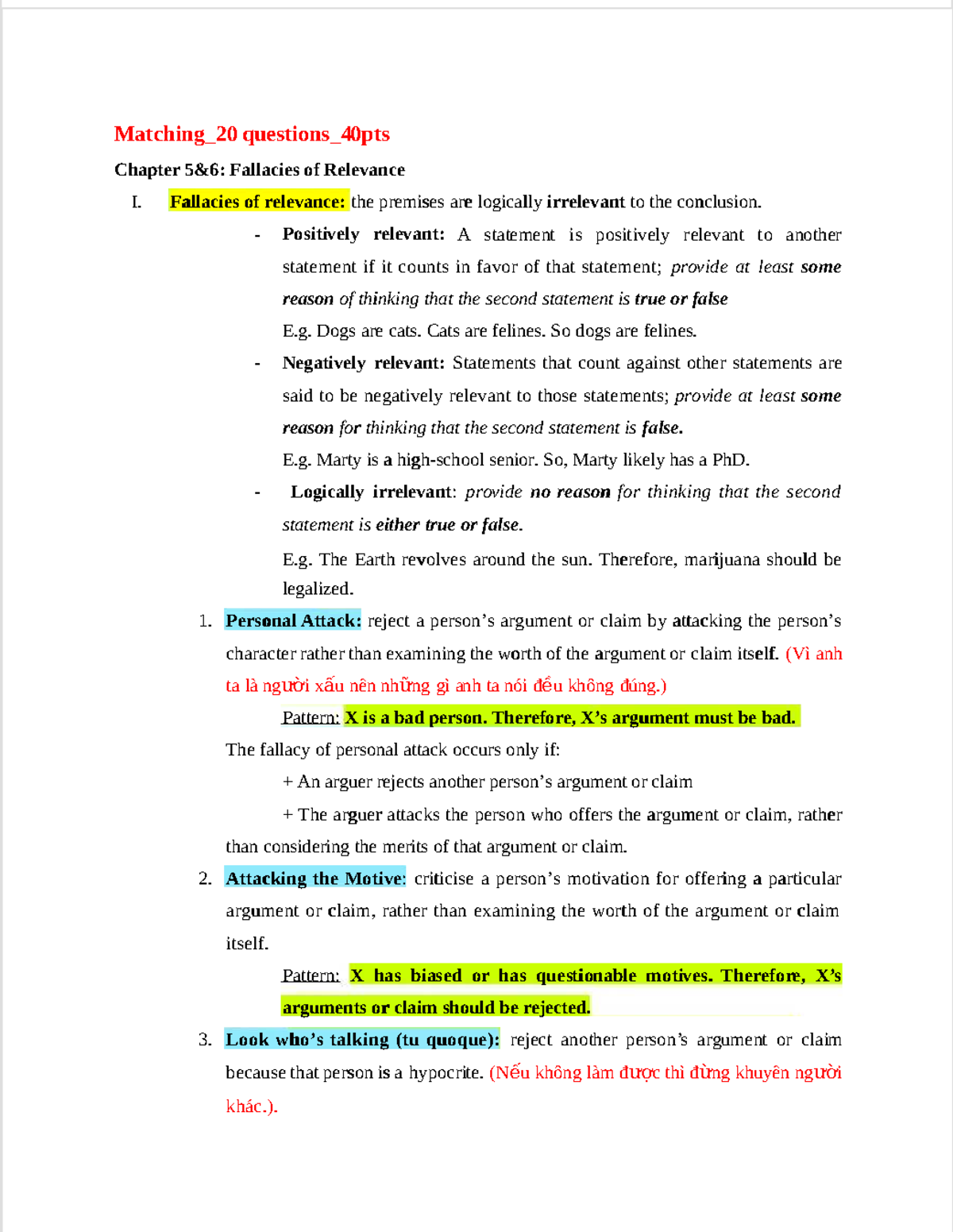 Cri 101 Final Exam Notes: Fallacies of Relevance and Argument Analysis ...