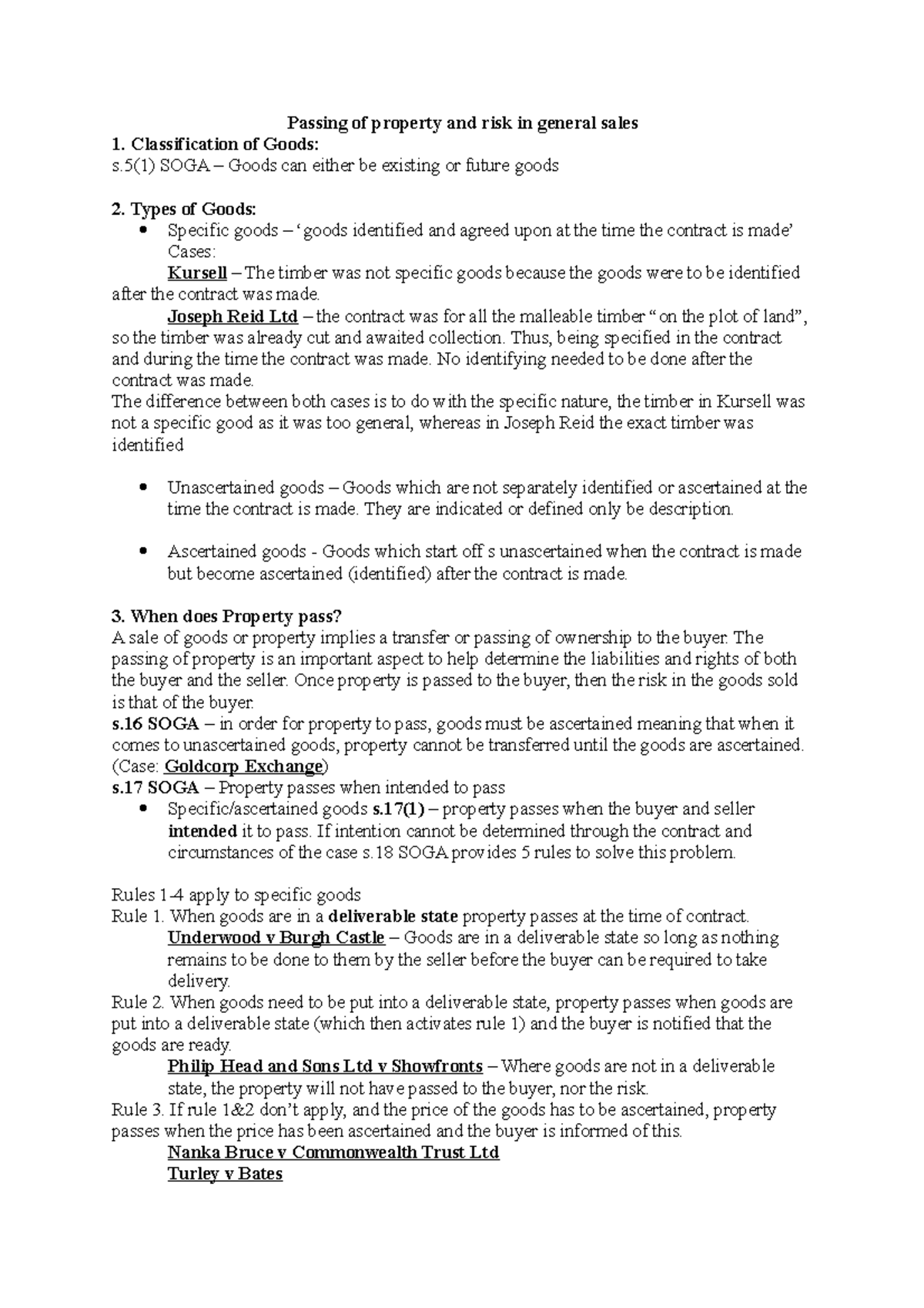 Exam prep - Lecture notes 1-3 - Passing of property and risk in general ...