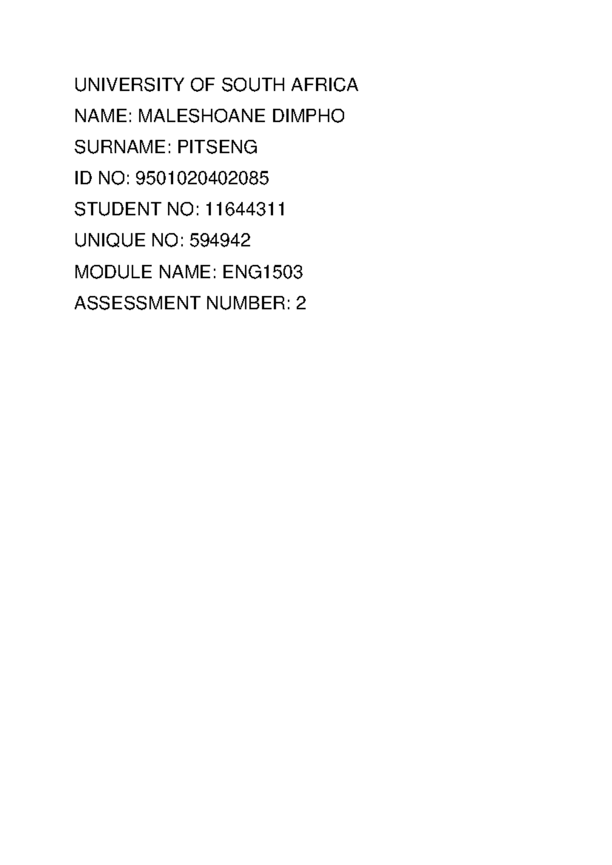 ASS2 ENG1503 DIMPHO PITSENG - UNIVERSITY OF SOUTH AFRICA NAME ...
