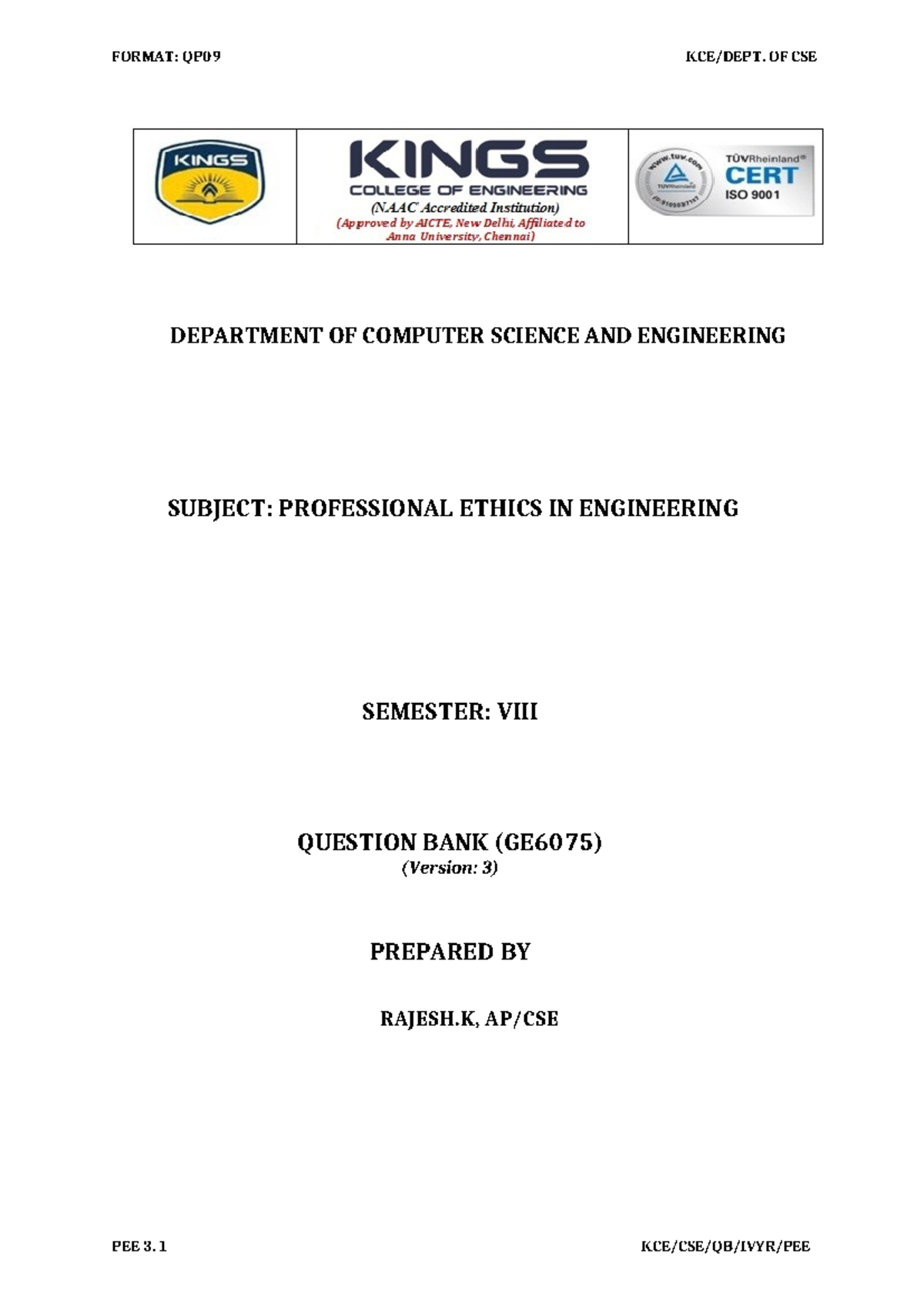 Course Plan Notes for GE6075: Professional Ethics in Engineering - Studocu