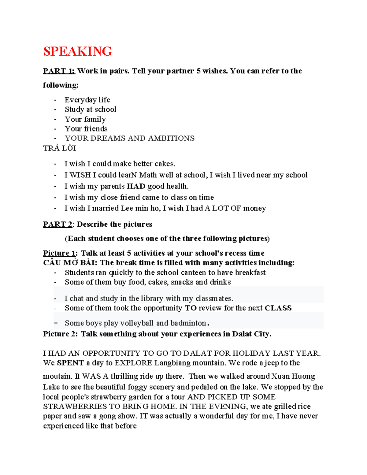 Speaking Practice - Wishes & Experiences in English Class - Studocu