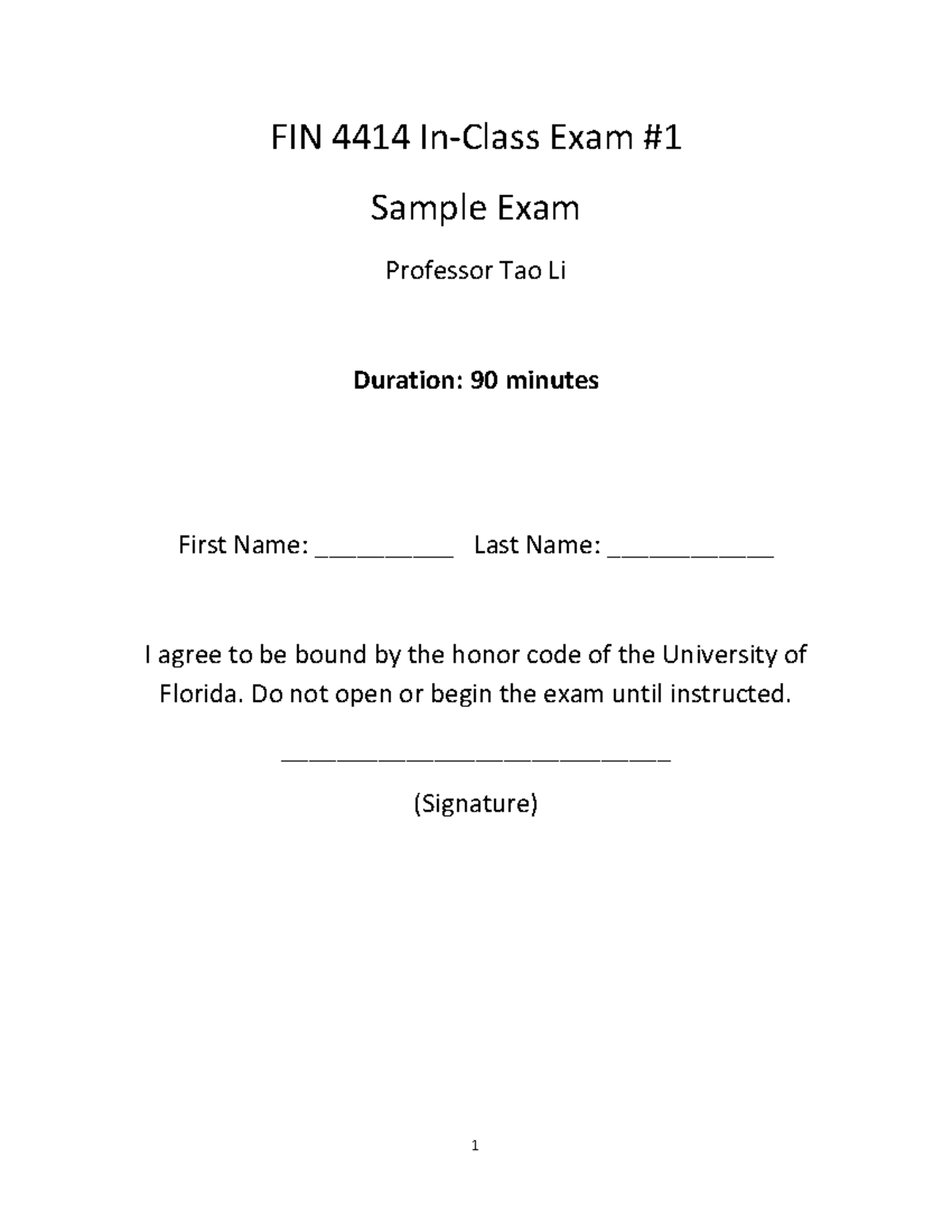 FIN 4414 In-Class Exam 1 Sample Solutions for 2024 - Studocu