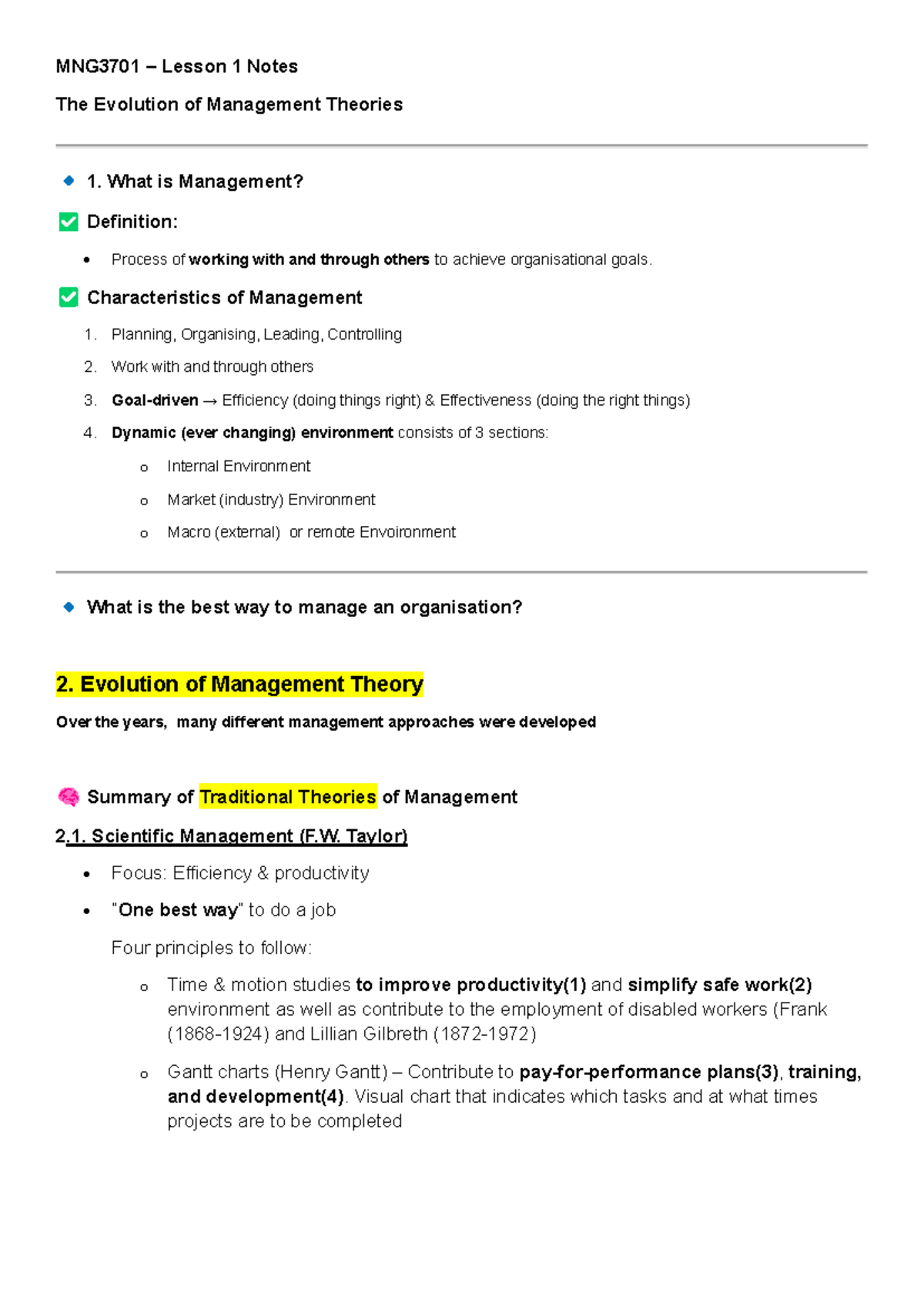 MNG3701 Lesson 1 Notes: The Evolution of Management Theories - Studocu