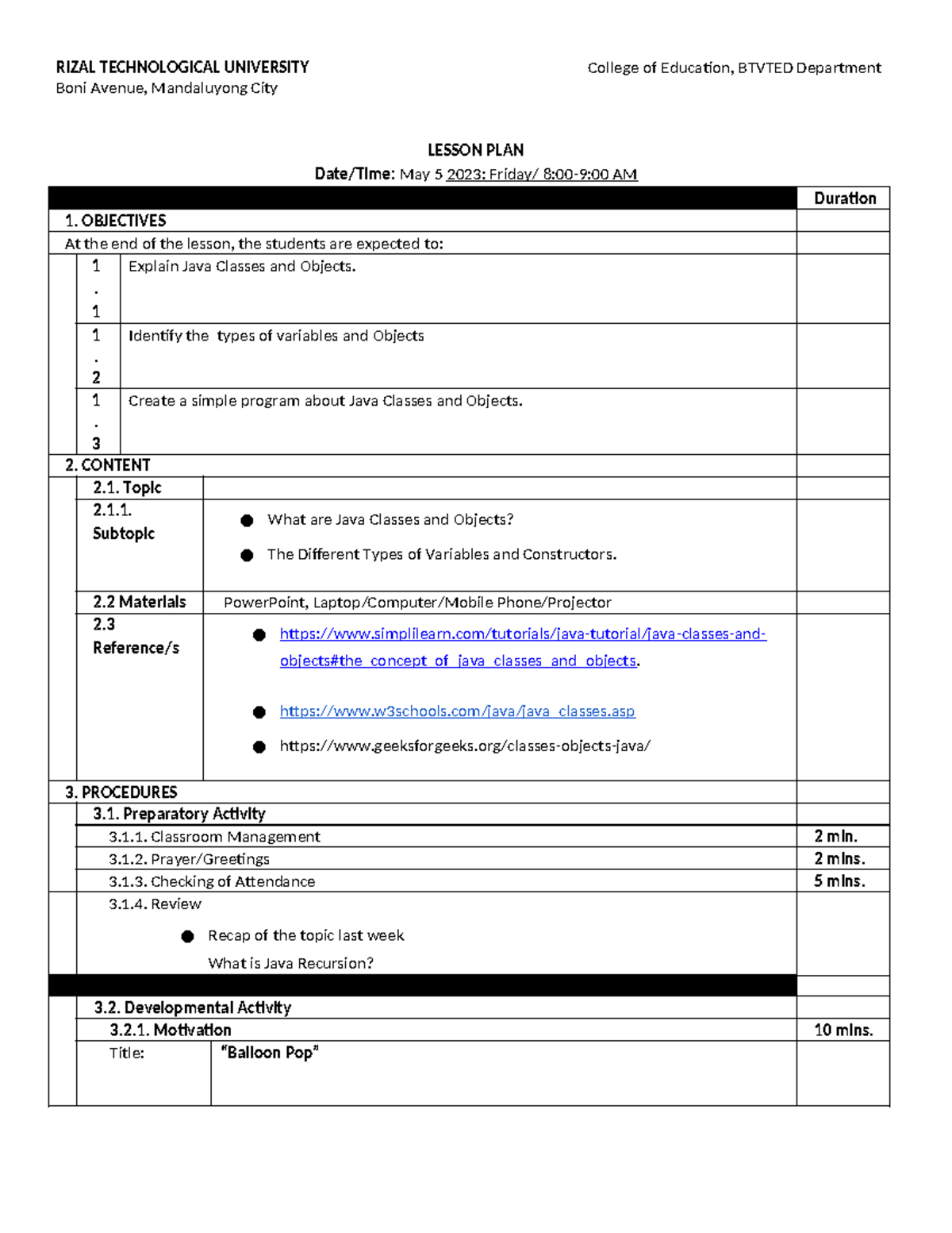 DEMO-LP: Lesson Plan on Java Classes and Objects for BTVTED Course ...