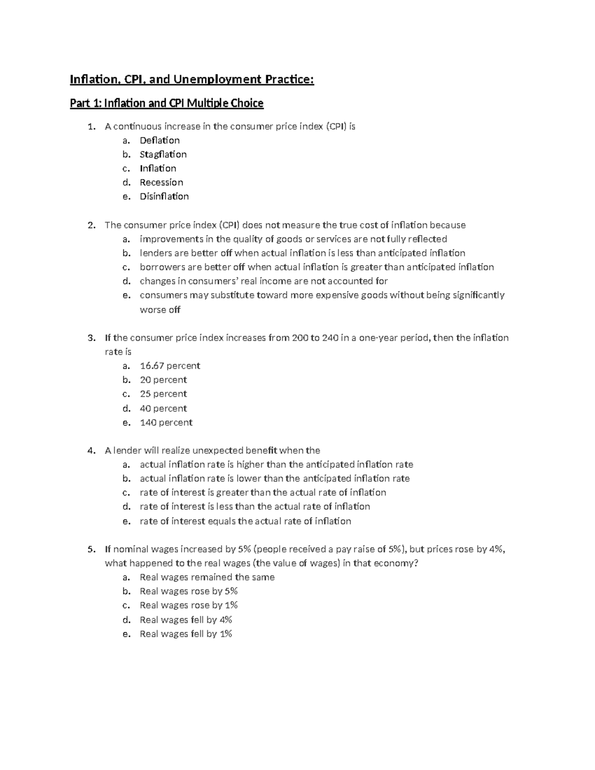 Inflation and Unemployment Practice (ECO 101): MCQs and Exercises - Studocu