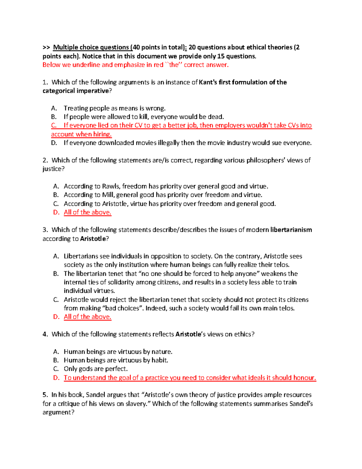 Mock Exam on Ethical Theories with Answers - PHIL 101 - Studeersnel