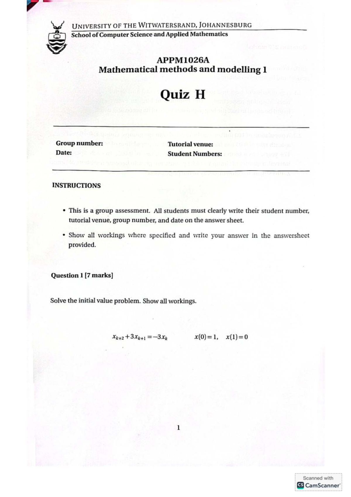 APPM1026A Quiz H - Mathematical Methods & Modelling 1 - Studocu