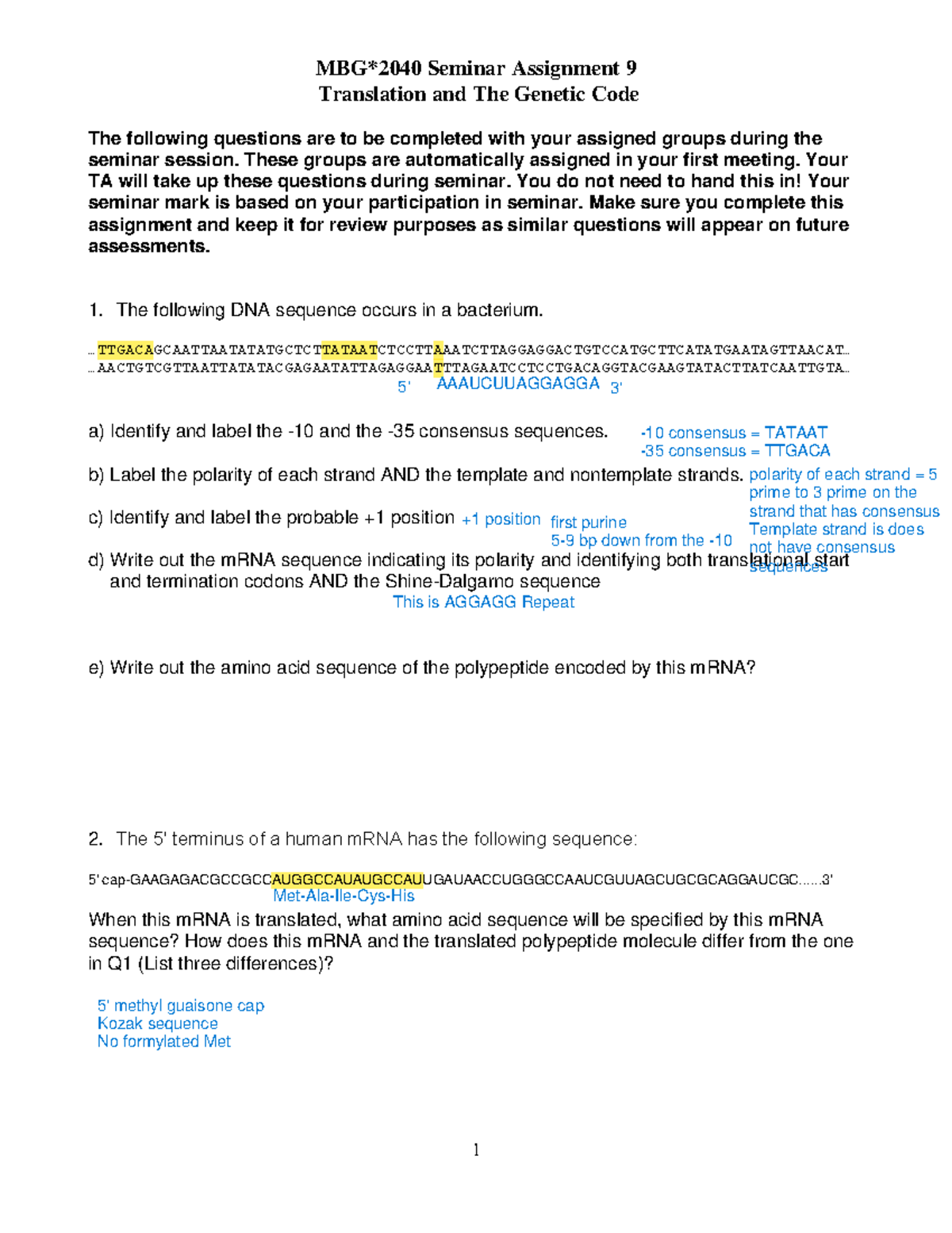 Seminar Assignment 9: Translation & Genetic Code Overview MCB - - Studocu