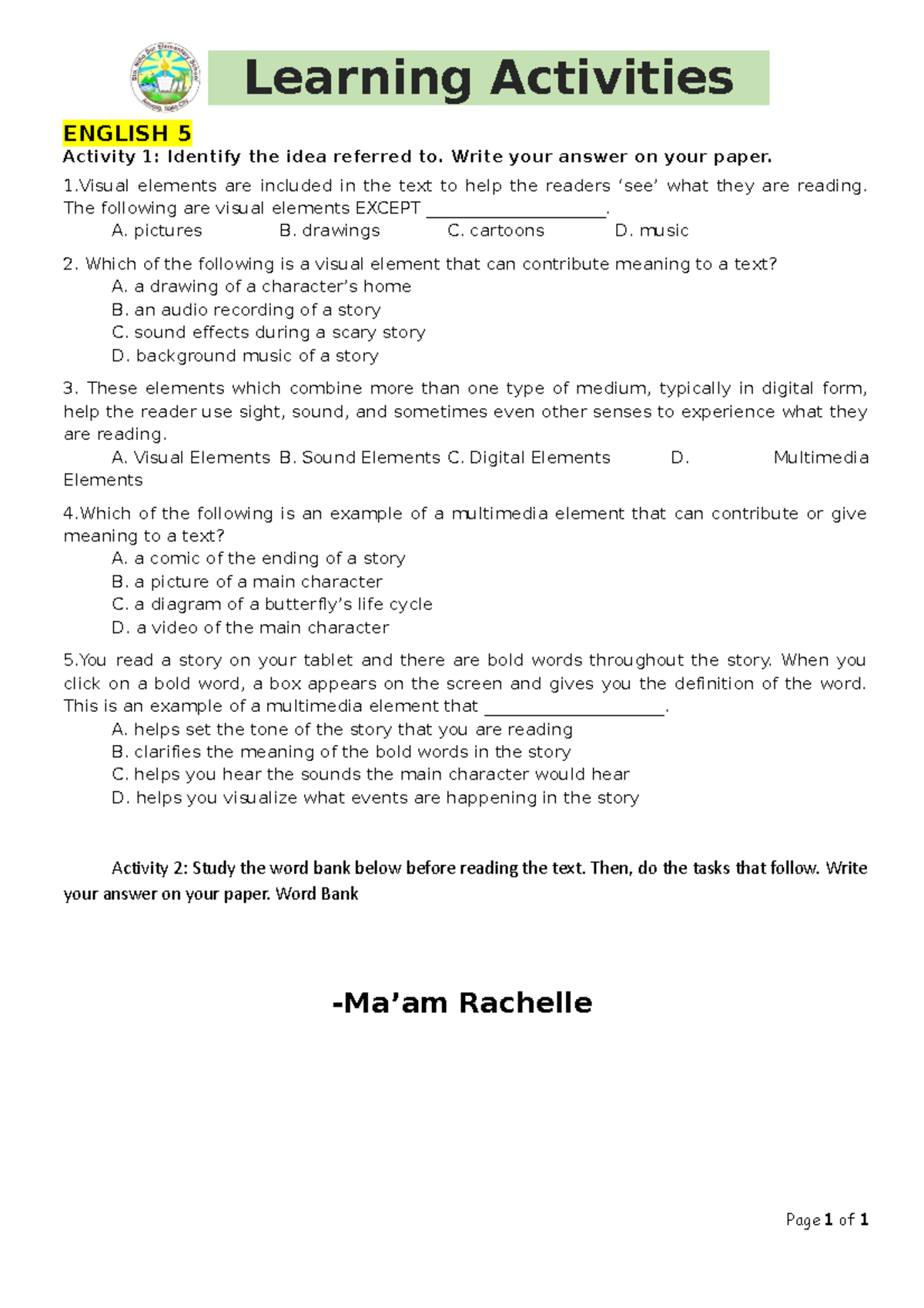Week 1 English Activities - ENGLISH 5 Activity 1: Identify the idea ...