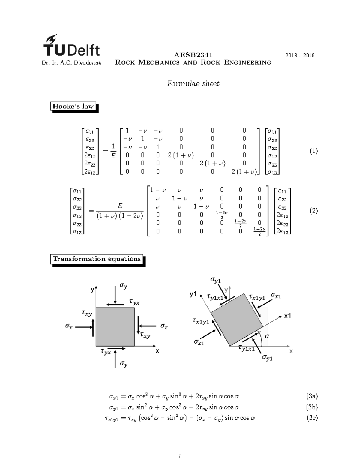 Formula sheet tentamen - Rock Mechanics and Rock Engineering - TU Delft ...