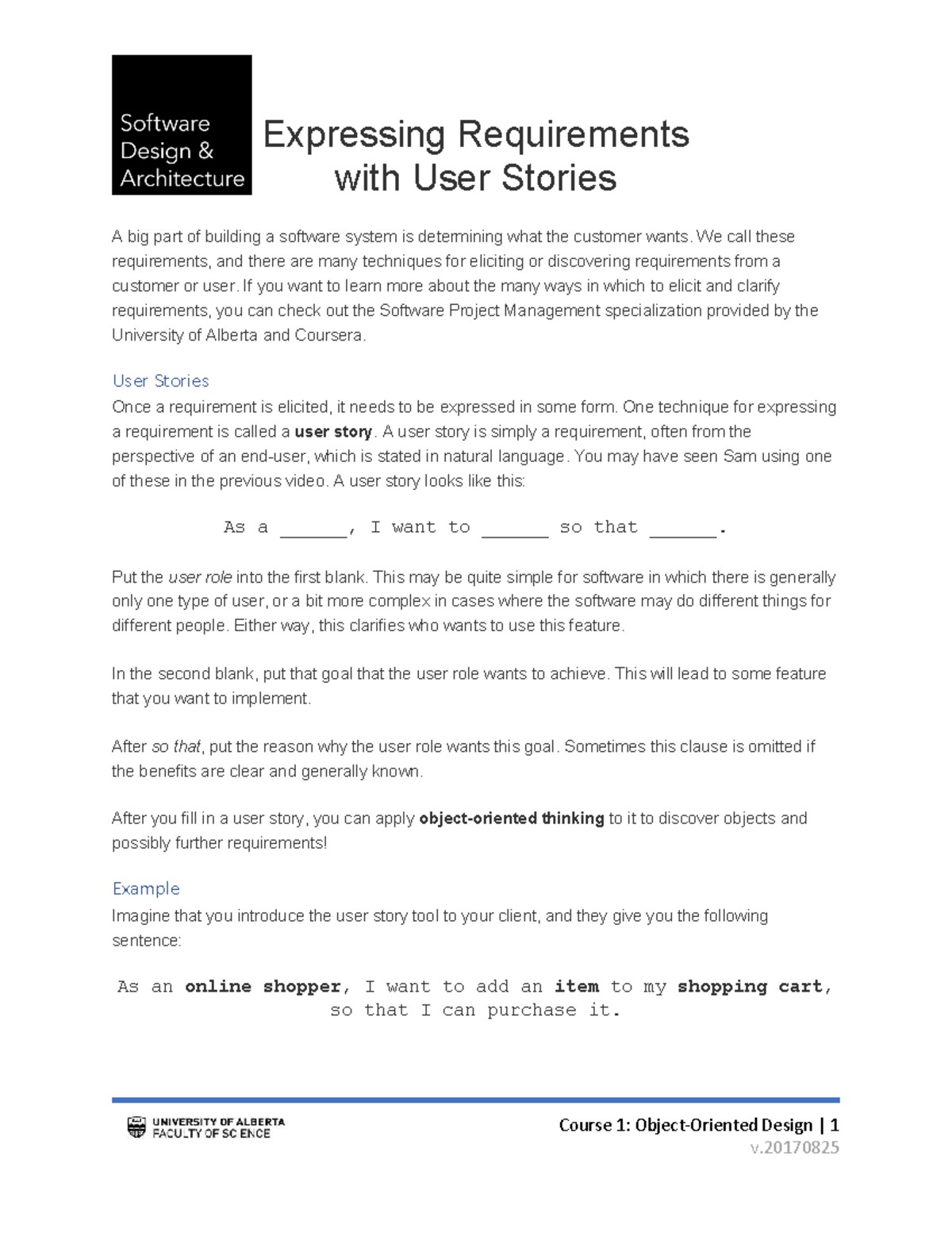 User Stories in Software Requirements - Design 1 v.20170825 - Studocu
