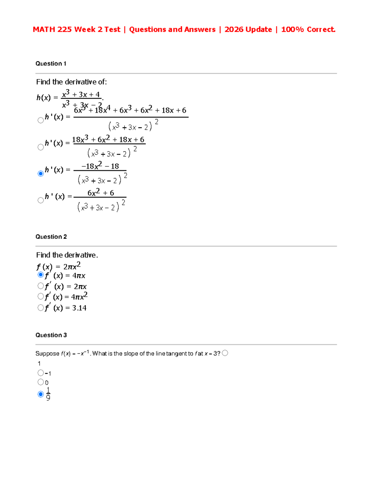 MATH 225 Week 2 Quiz Test Questions & Answers 2026 Update - Studocu